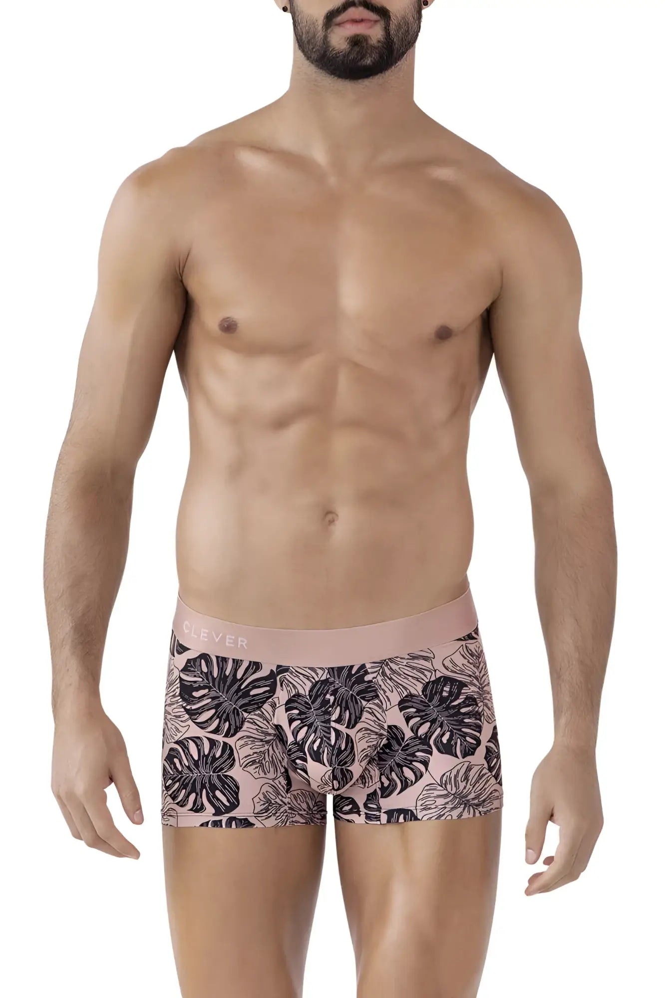 Pink boxer briefs clever 1635 pacif trunks in pink with black monstera leaf pattern and matching pink waistband