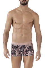 Pink boxer briefs clever 1635 pacif trunks in pink with black monstera leaf pattern and matching pink waistband