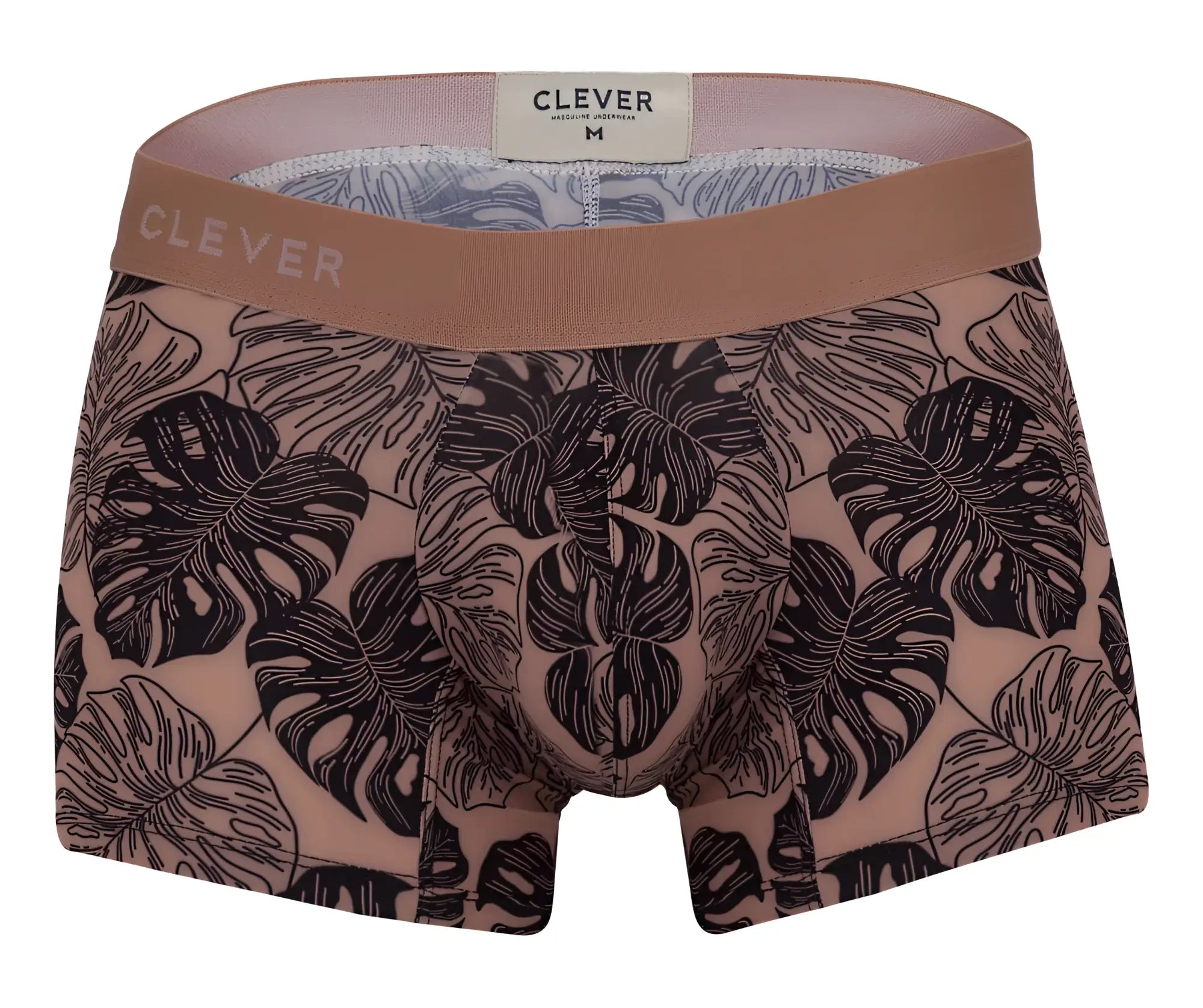 Clever 1635 Pacif trunks men’s boxer briefs in soft pink with bold black monstera leaf pattern for comfortable wear