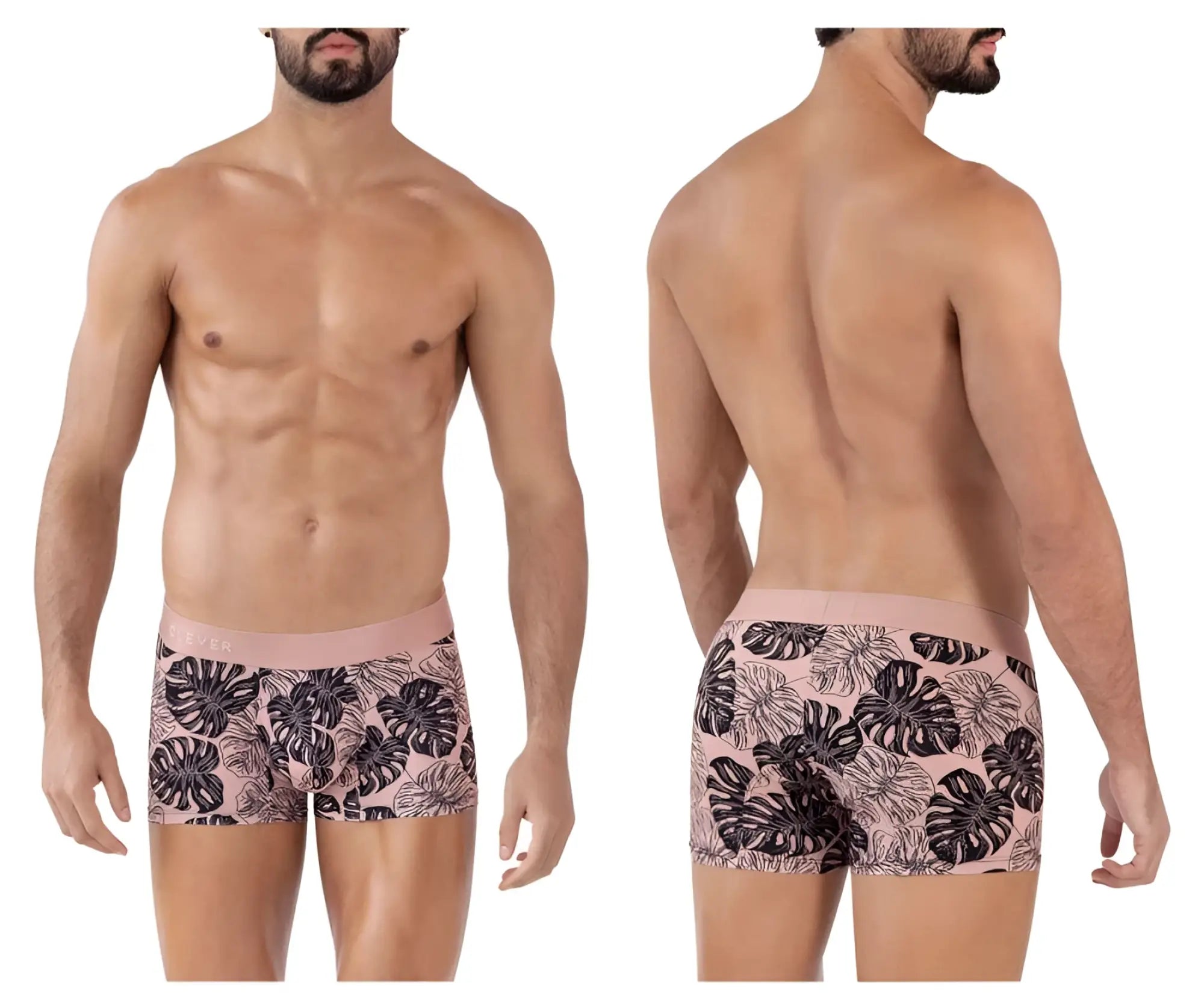Pink clever 1635 pacif trunks men’s briefs with bold black monstera leaf pattern for stylish comfort