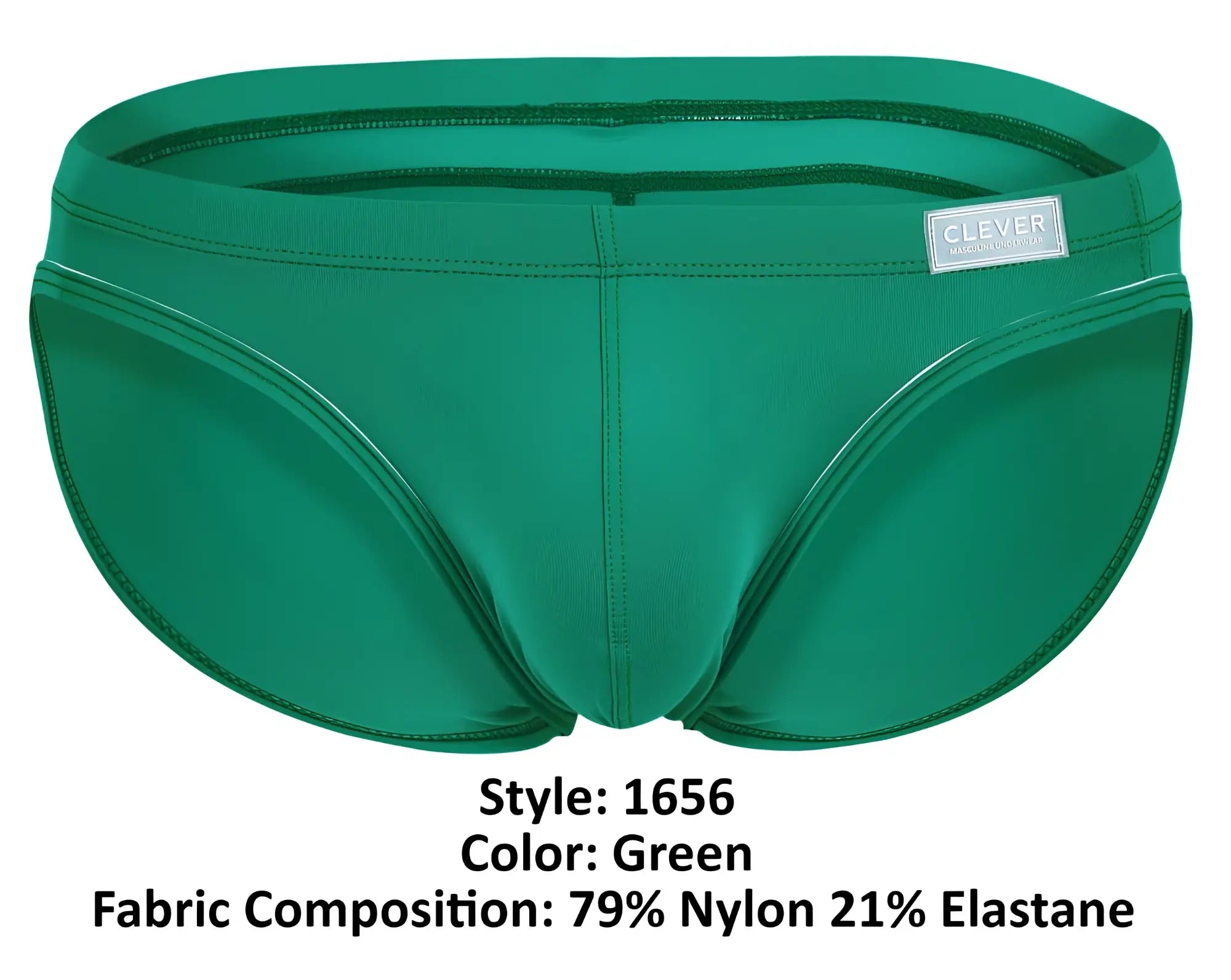 Clever 1656 mirage bikini green men’s swim trunks sleek form-fitting design made of 79% nylon 21% elastane