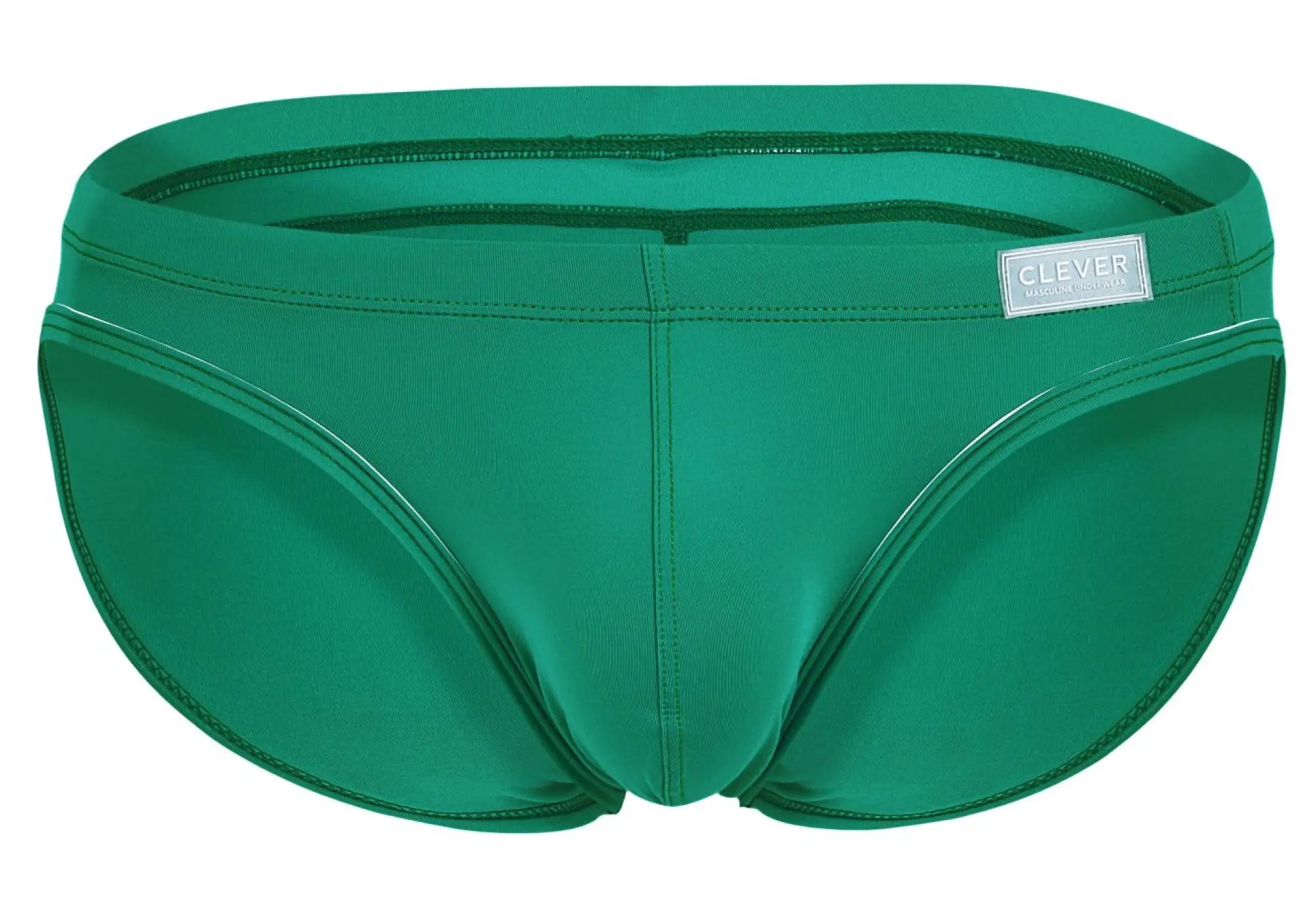 A sleek emerald green clever 1656 mirage bikini swim trunks with smooth stretchy fabric and subtle seam detailing