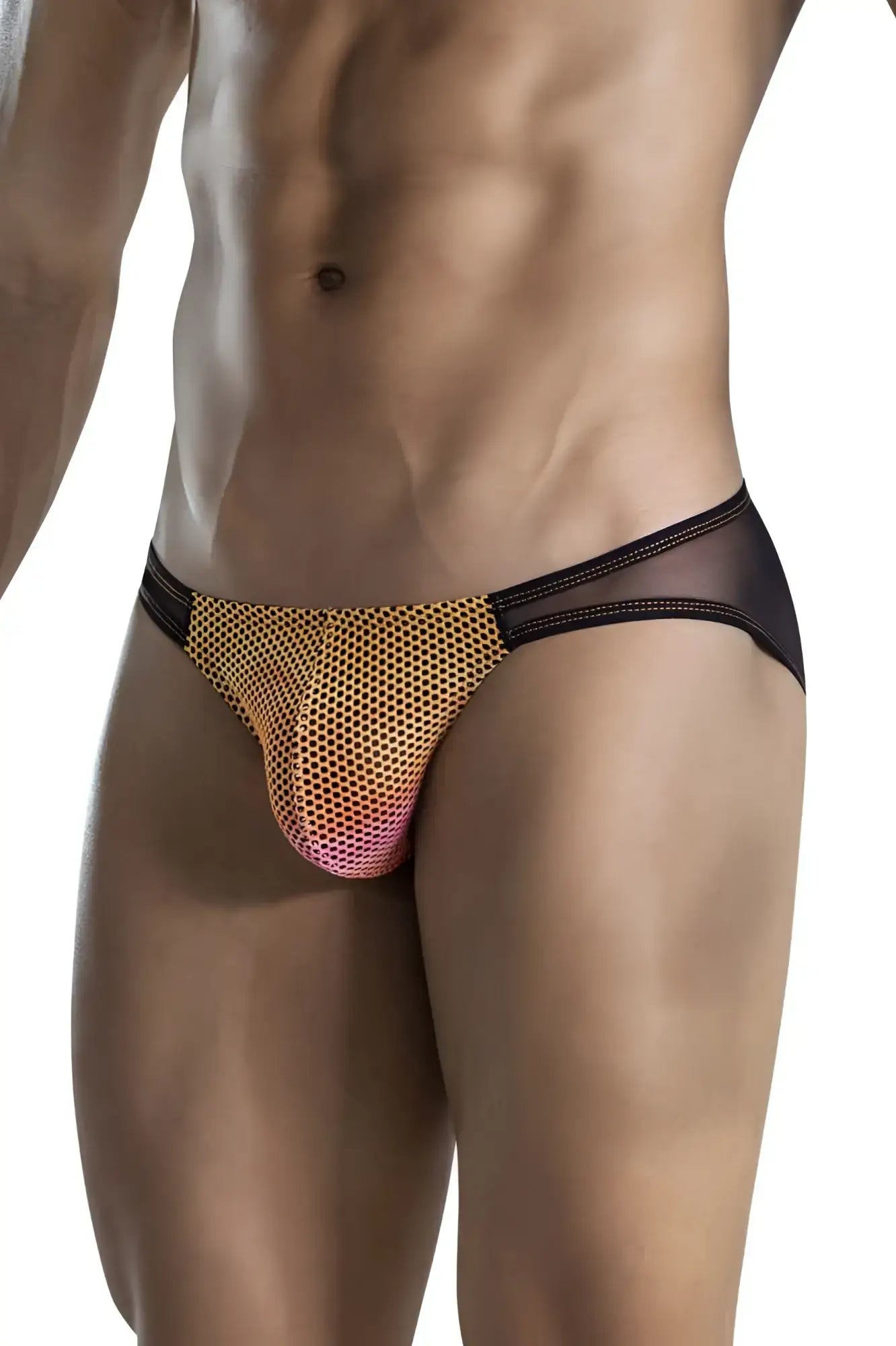 Clever 1657 mockery bikini orange black and gold mesh briefs with pink to orange gradient hue