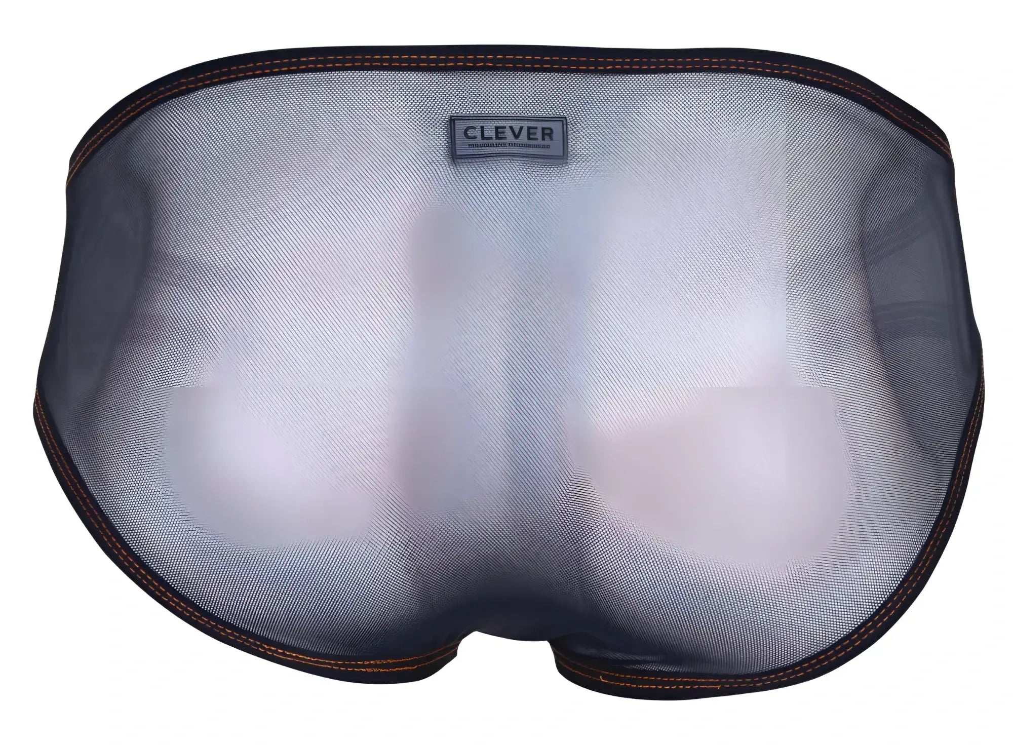 Black mesh clever 1657 mockery bikini underwear with brown stitching and orange color branding label visible