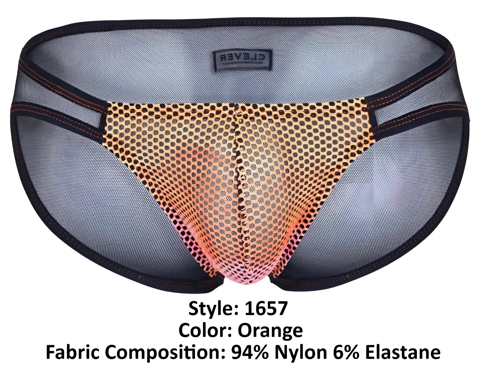 Clever 1657 mockery bikini color orange mesh briefs with peach to pink gradient and black trim featuring clever label