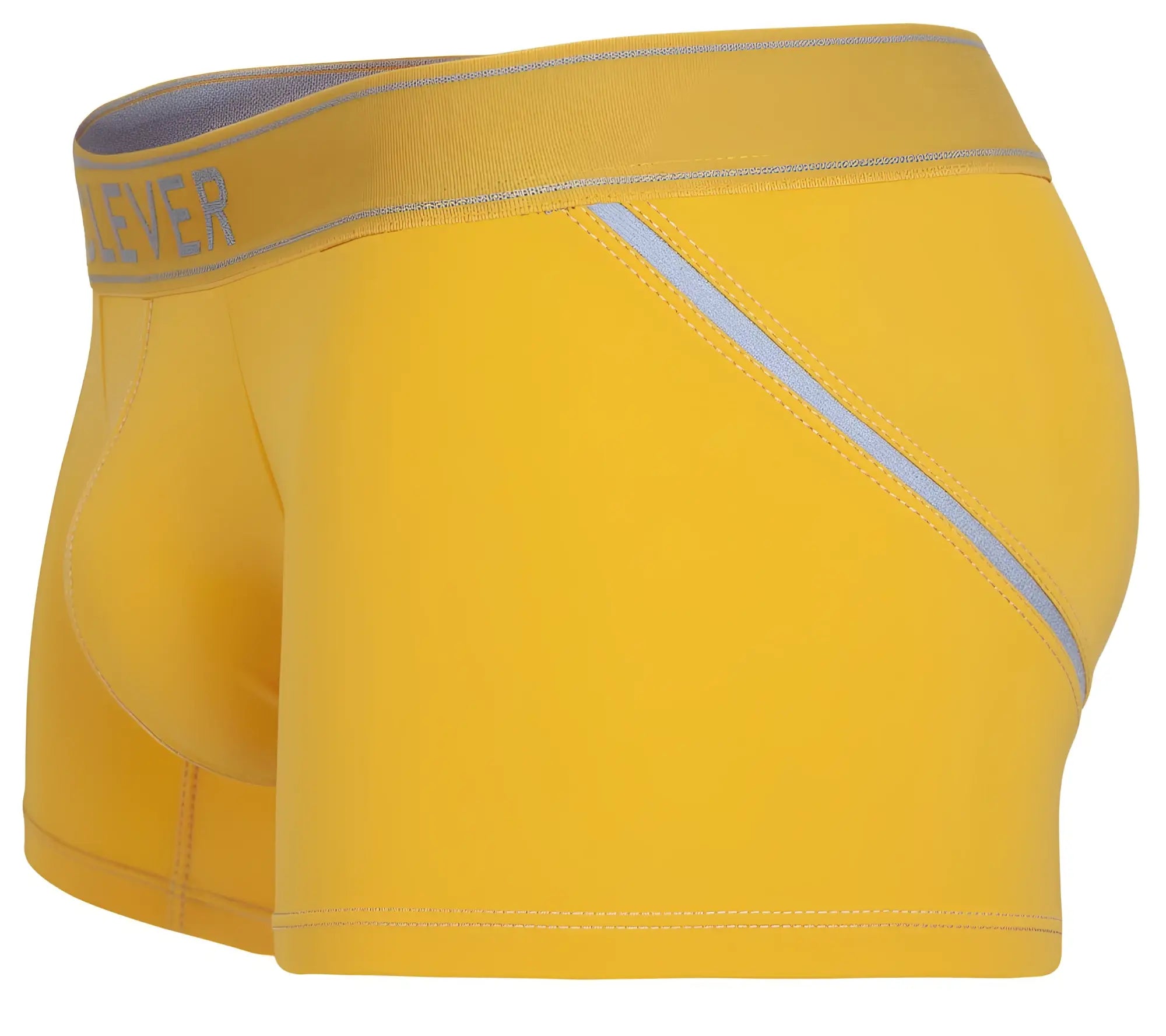Bright yellow clever 1658 imagination boxer briefs with gray elastic waistband featuring ever logo and silver stripe