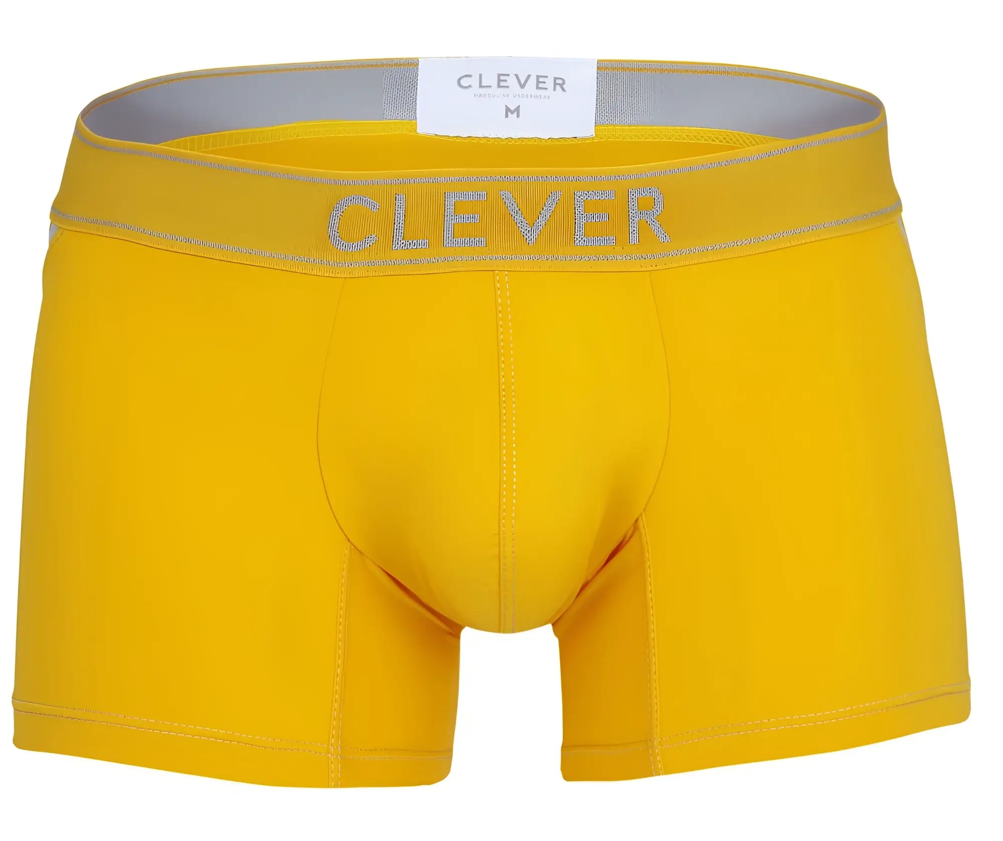 Bright yellow clever 1658 imagination men’s boxer briefs with gray elastic waistband and clever brand name in gray lettering