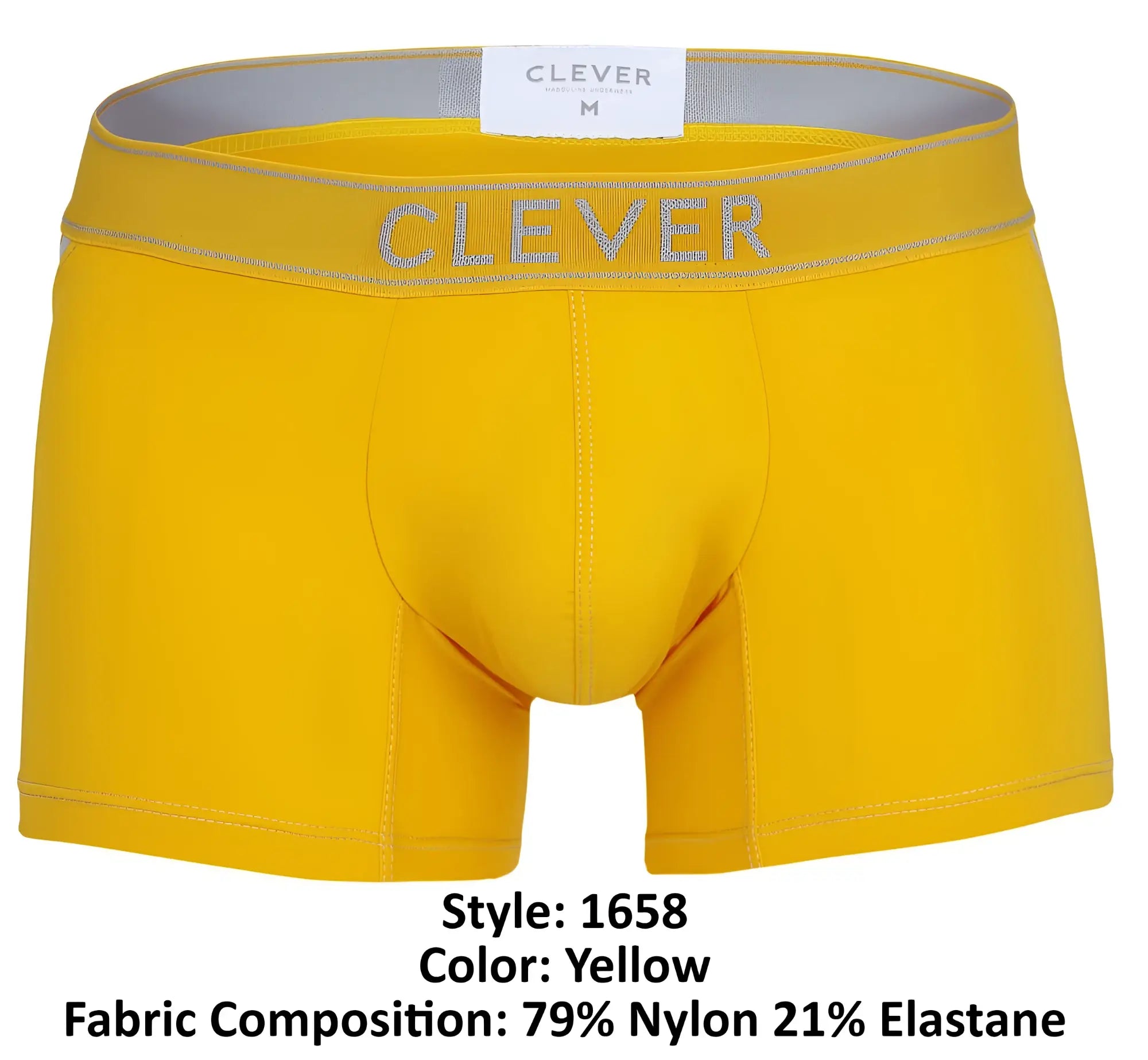 Bright yellow clever 1658 imagination boxer briefs with gray elastic waistband and clever logo in gray lettering