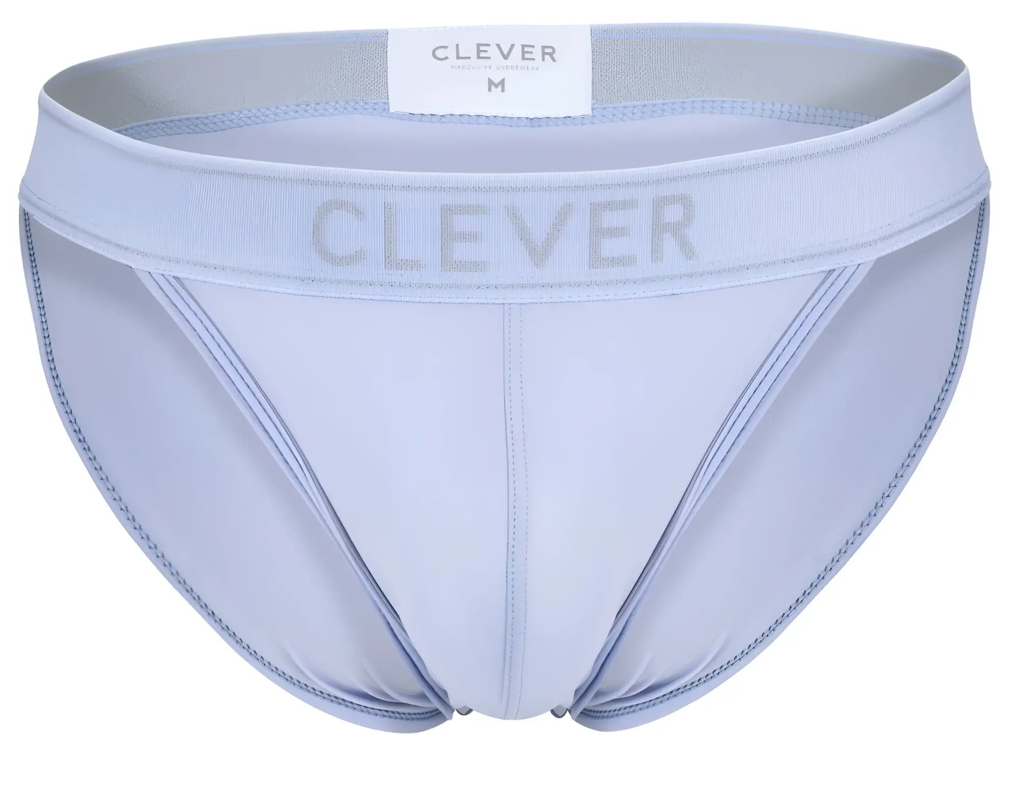 Light blue clever 1659 imagination bikini briefs with matching waistband featuring clever brand name in gray lettering