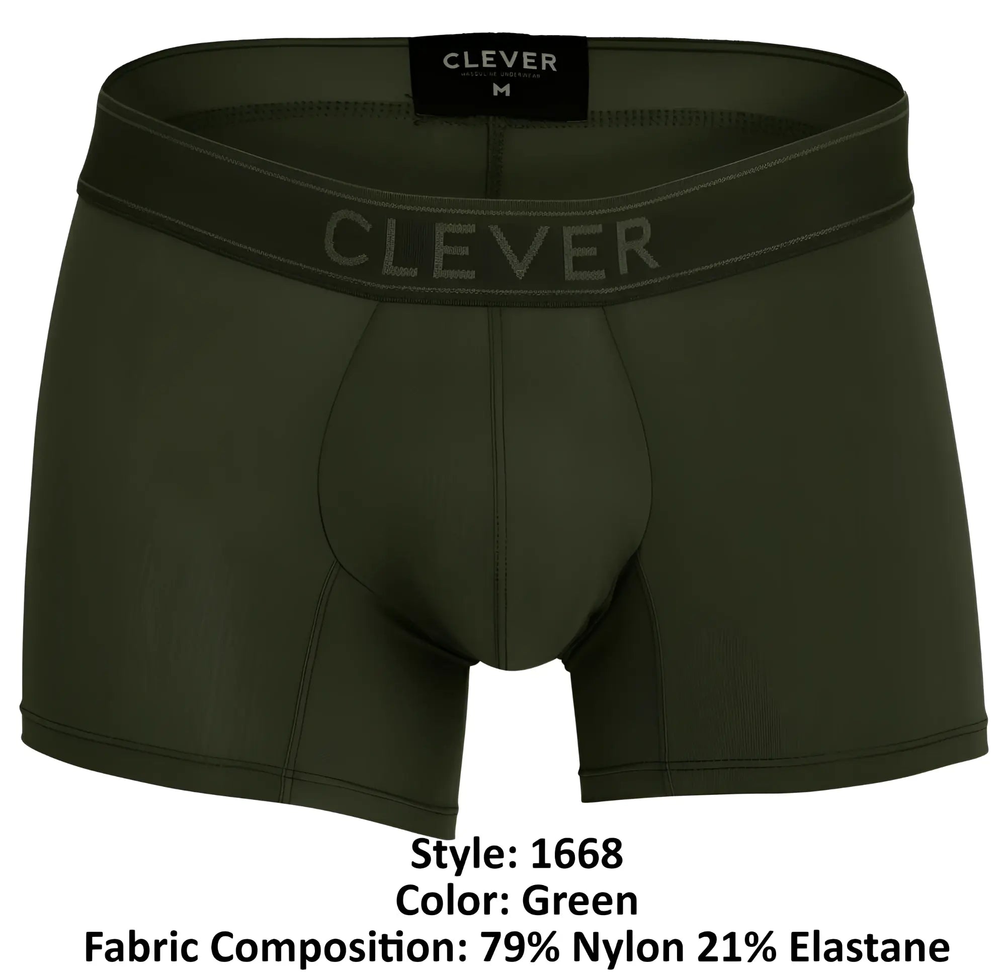 Olive green men’s boxer briefs with clever waistband branding and black size m label in clever 1668 britanica trunks