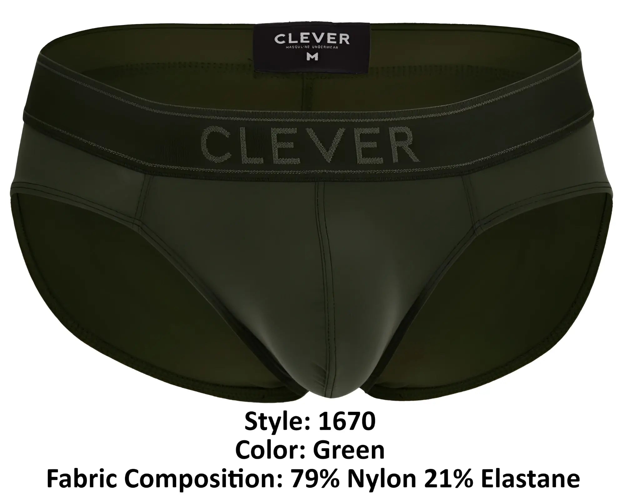 Dark green clever 1670 britanica briefs made of 79% nylon and 21% elastane with embroidered waistband logo