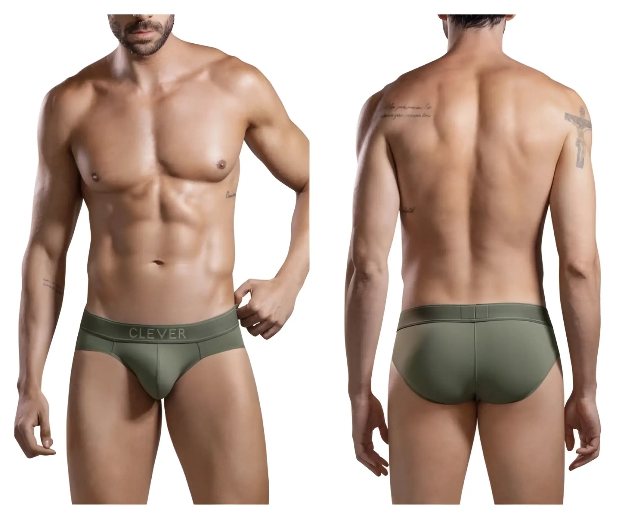 Olive green cotton briefs with clever branding on waistband from clever 1670 britannica briefs collection