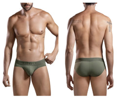 Olive green cotton briefs with clever branding on waistband from clever 1670 britannica briefs collection