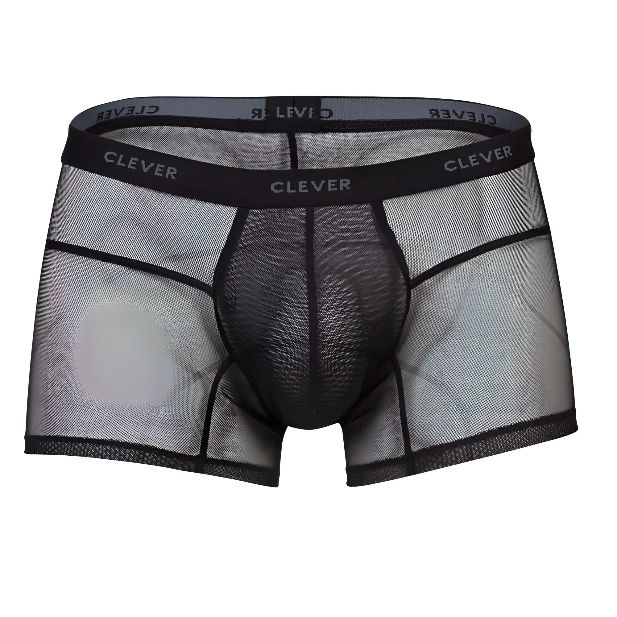 Black mesh boxer briefs with reinforced black elastic waistband featuring clever brand name in white lettering
