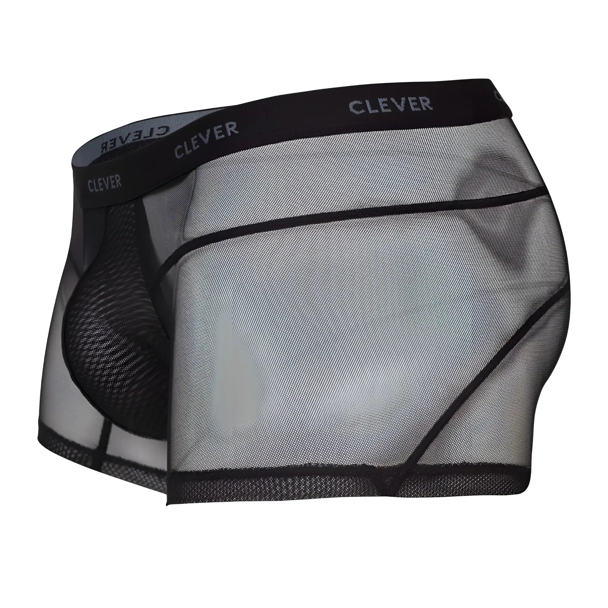 Black mesh clever 1673 legend trunks with reinforced pouch and black waistband with gray clever branding
