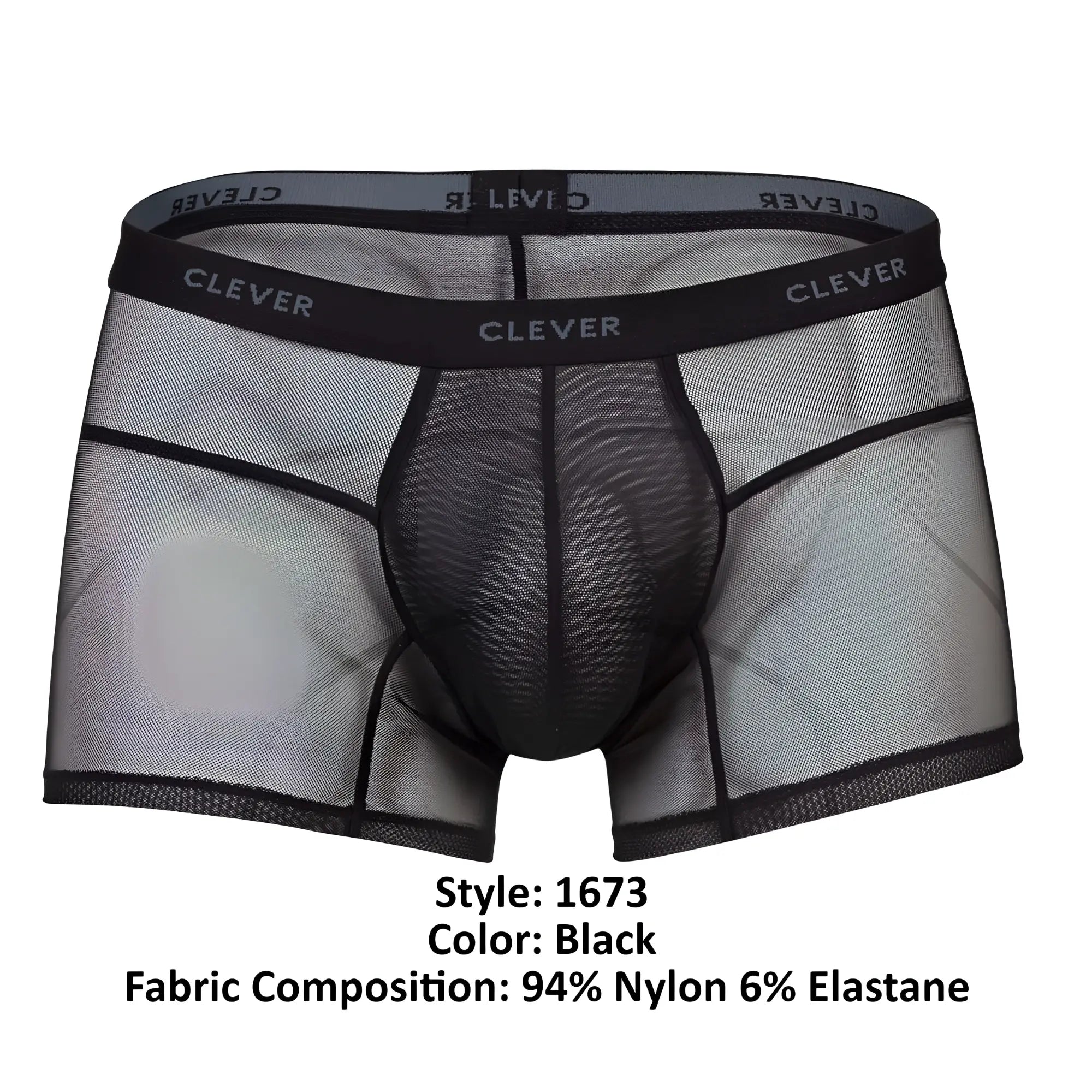 Black sheer mesh boxer briefs with black elastic waistband featuring clever brand name in clever 1673 legend trunks black