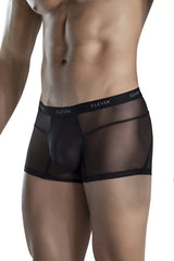 Black sheer mesh boxer briefs with solid black waistband featuring the clever brand name model 1673 legend trunks