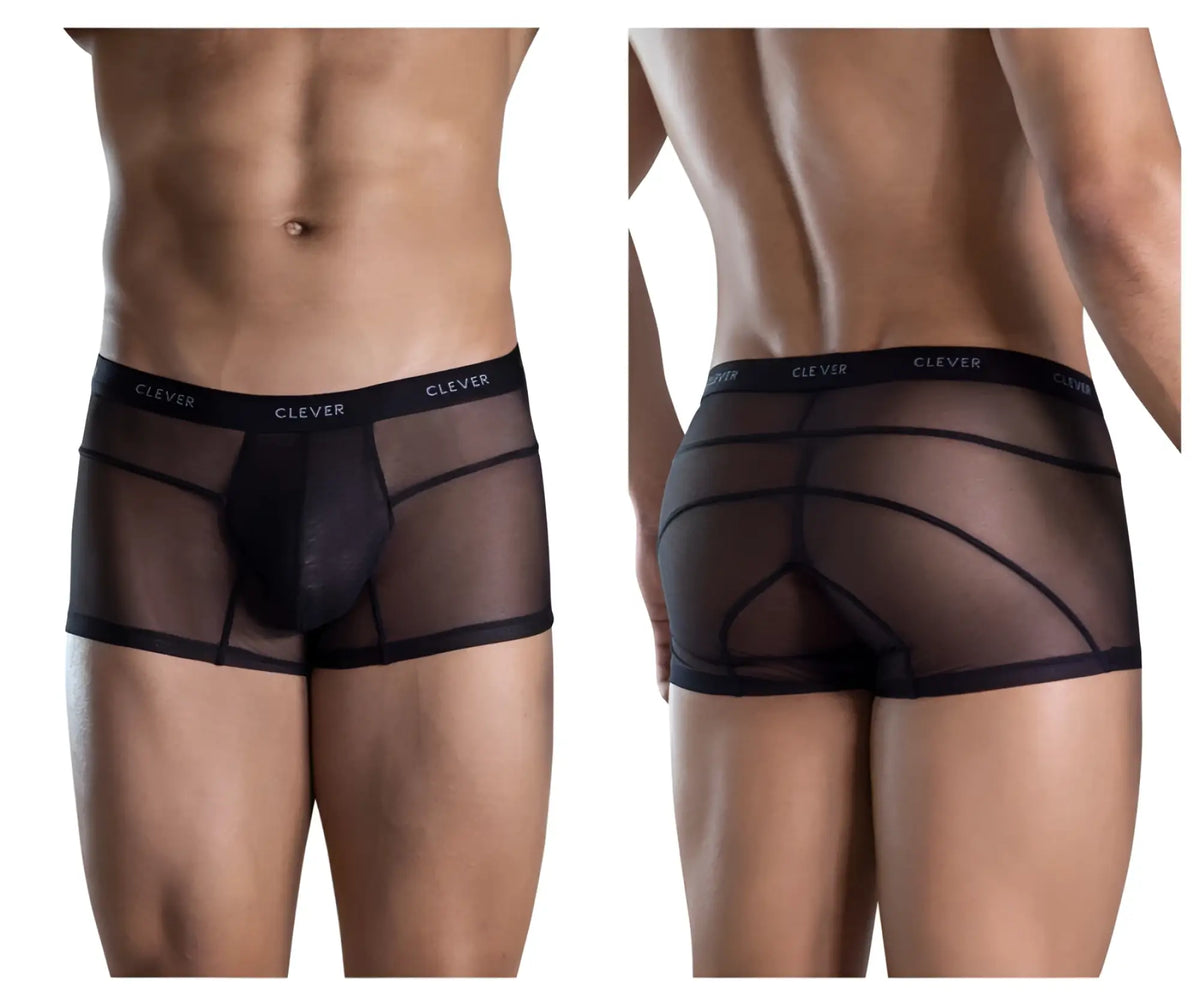 Black sheer mesh briefs with solid inner panel and elastic waistband branded clever in clever 1673 legend trunks