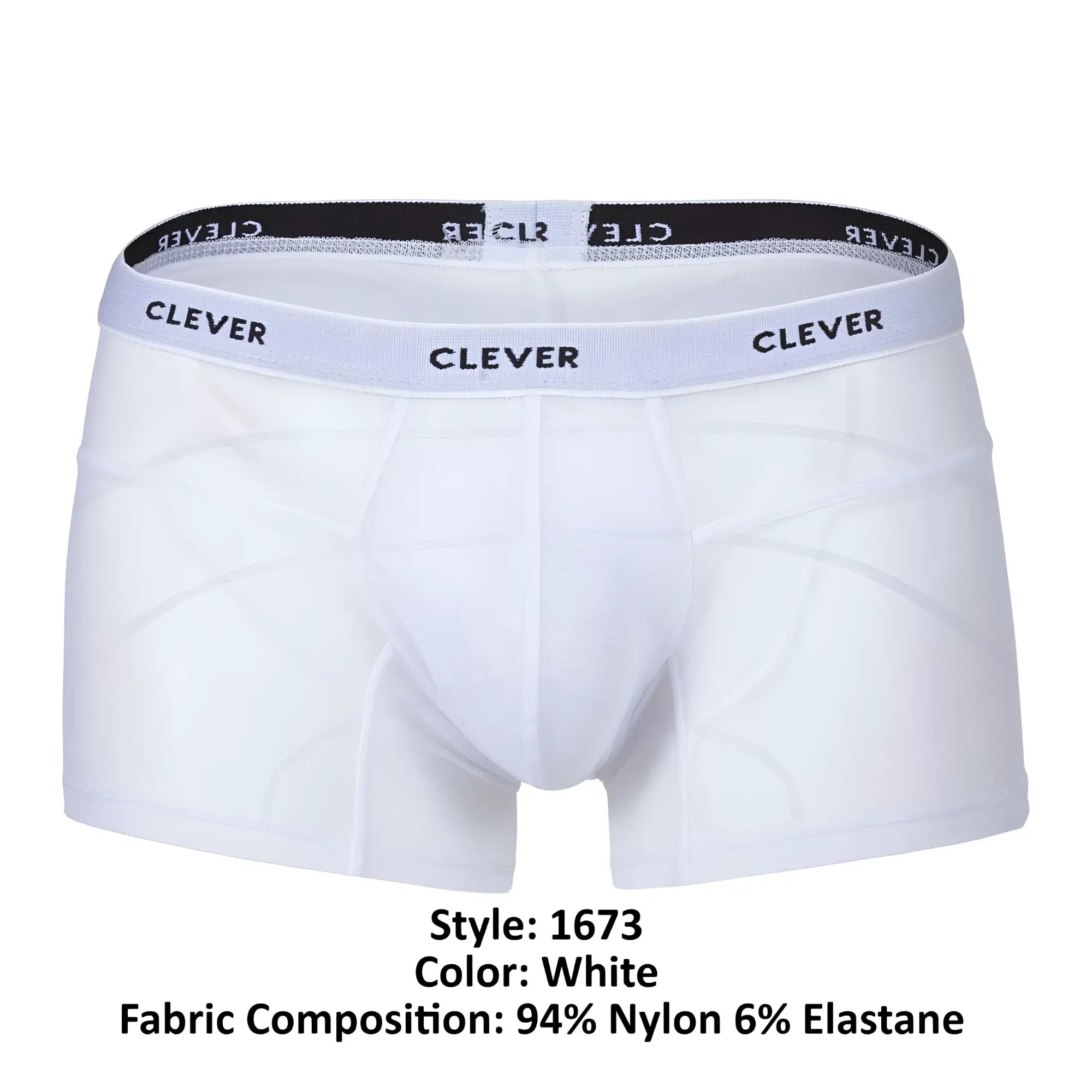 White clever 1673 legend trunks boxer briefs made of 94 nylon 6 elastane with black clever logo waistband