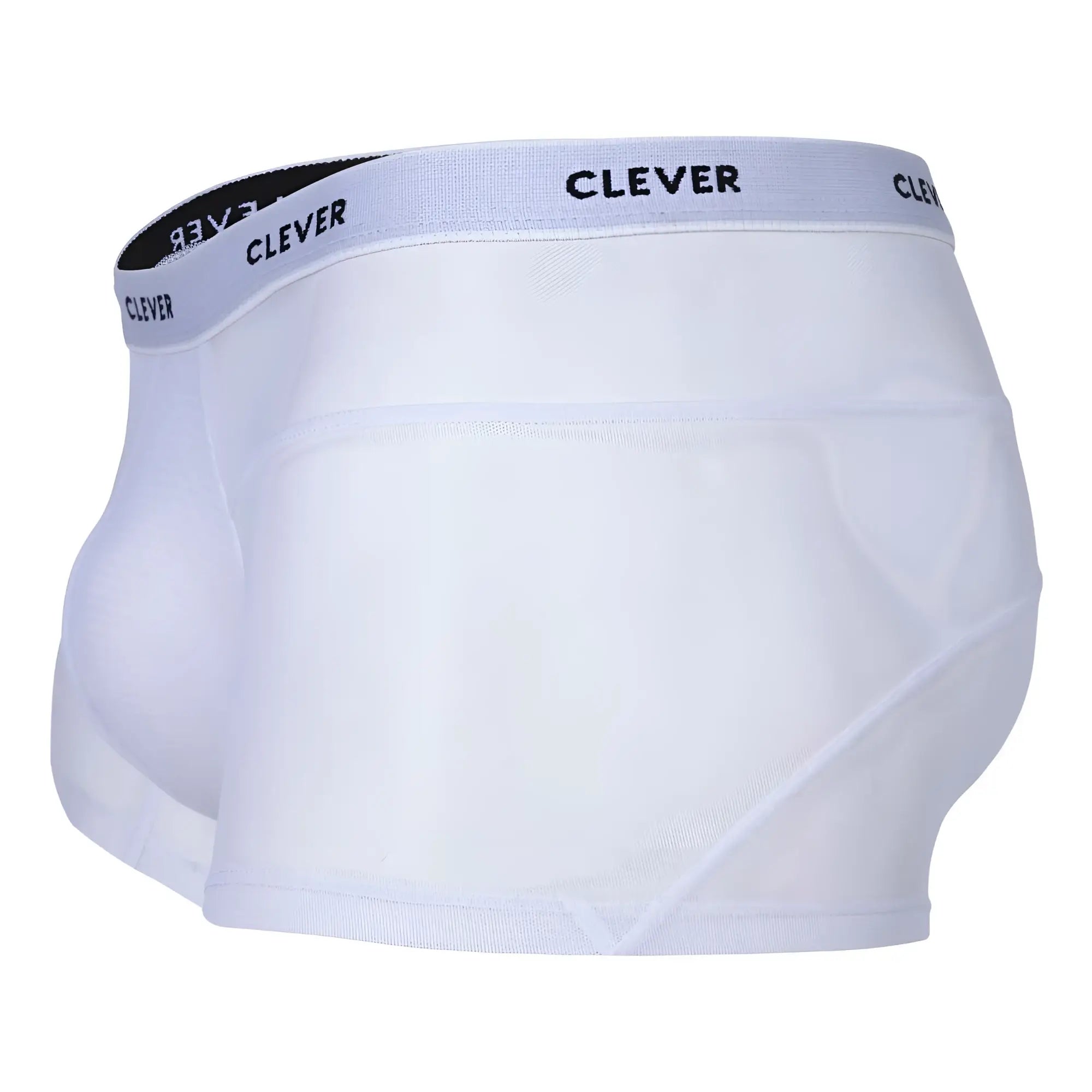 White clever 1673 legend trunks briefs with light gray elastic waistband featuring black clever lettering
