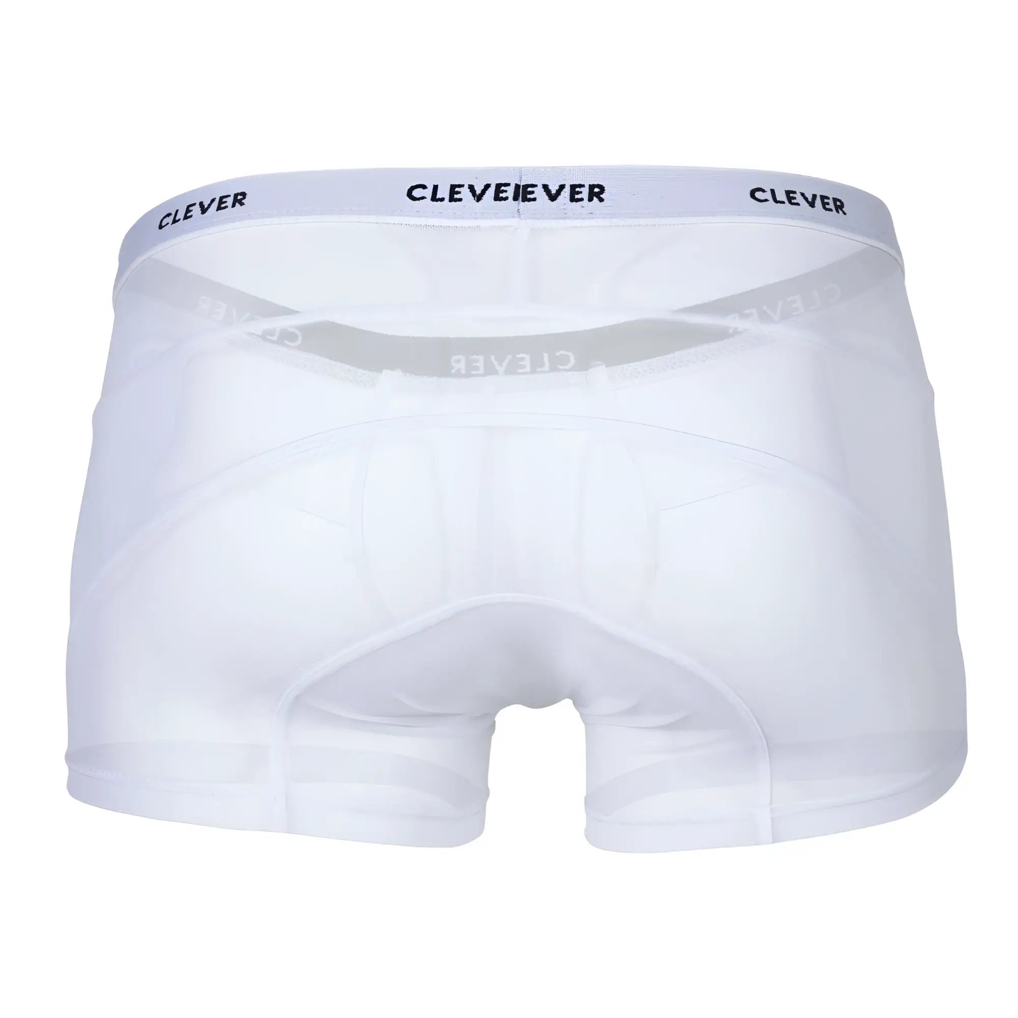 White cleveever boxer briefs with subtle gray elastic waistband featuring clever brand name in black lettering