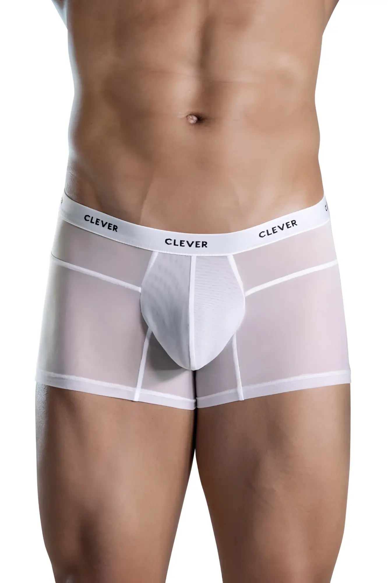 White sheer boxer briefs with solid white front panel and Clever branding on waistband in Clever 1673 Legend Trunks color white