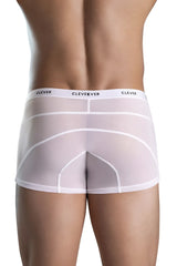 White sheer men’s briefs with subtle white elastic waistband featuring clever brand name repeated on it