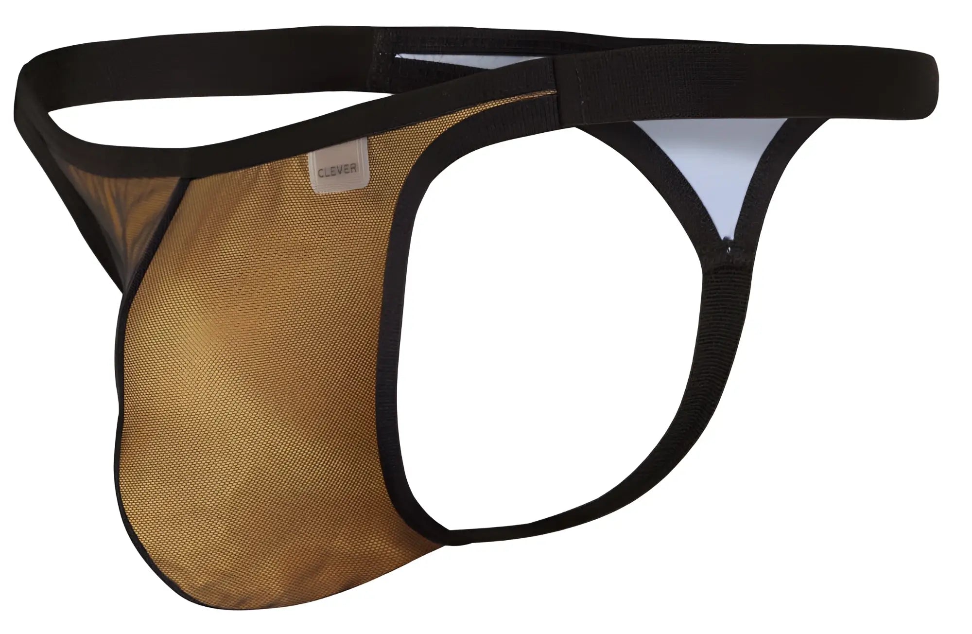 Clever 1676 eroticism thong in black and gold mesh with white interior lining and orange accents
