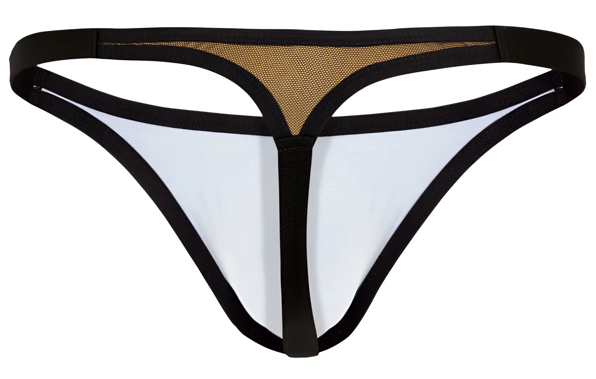 Back view of clever 1676 eroticism thong in black and white with gold mesh panel and orange color accents