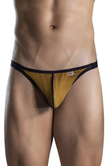 Gold-colored sheer mesh thong with black trim and white brand tag from clever 1676 eroticism thongs color orange collection