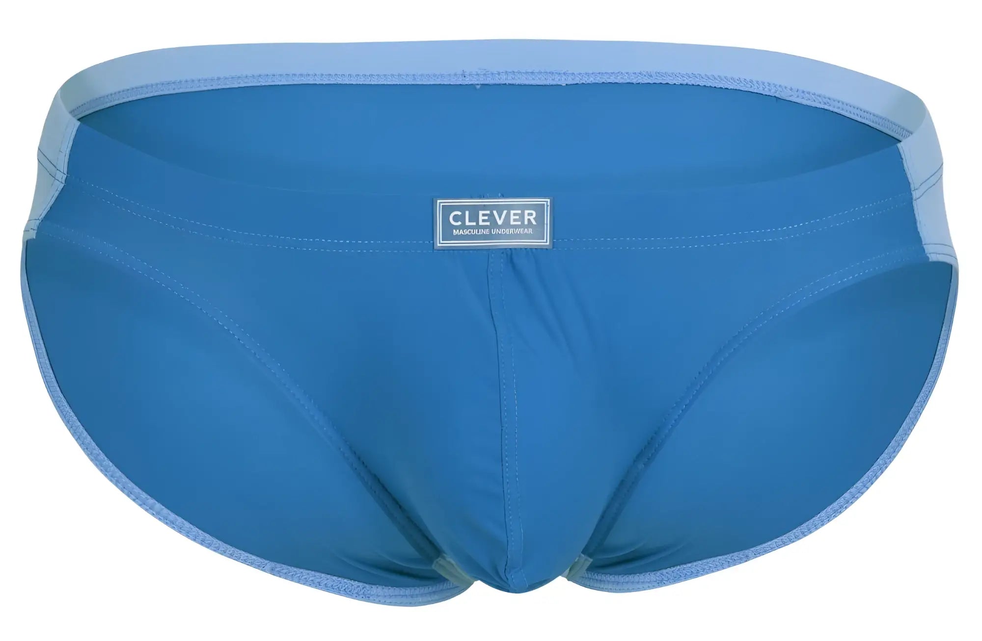 Blue clever 1681 two-tone bikini briefs with light blue trim and branded label for men’s comfort and style