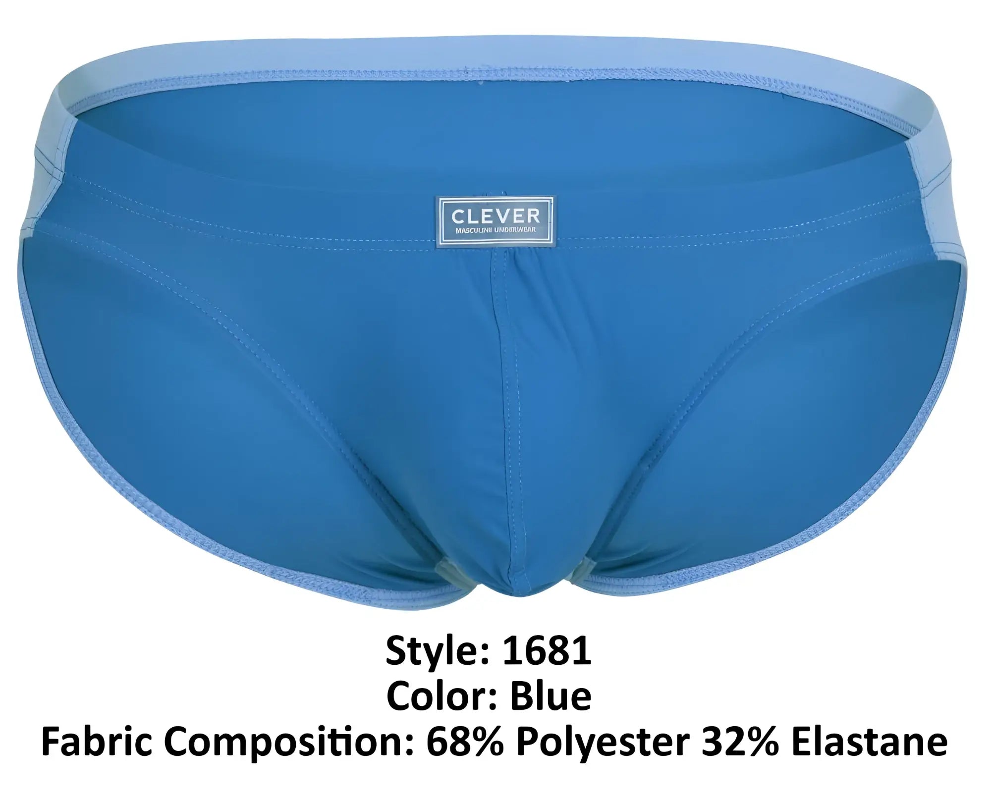 Blue mens briefs with light blue waistband and trim featuring clever brand label two-tone bikini color blue model 1681