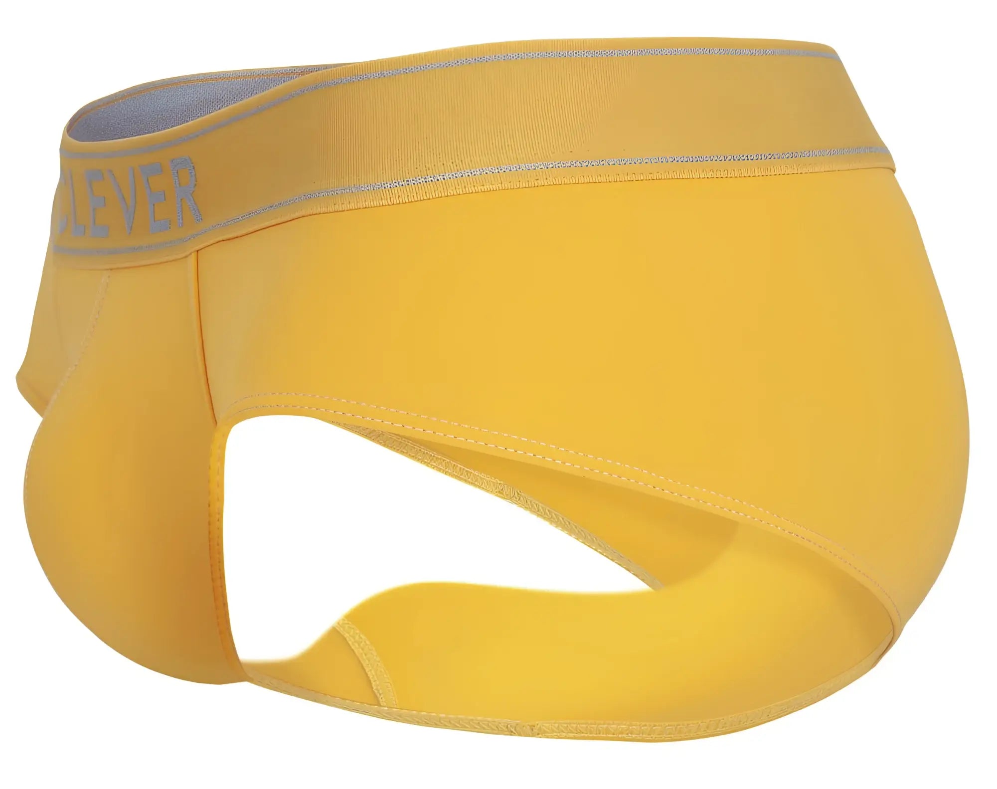 Bright yellow clever 1683 imagination briefs for men with gray elastic waistband featuring forever branding