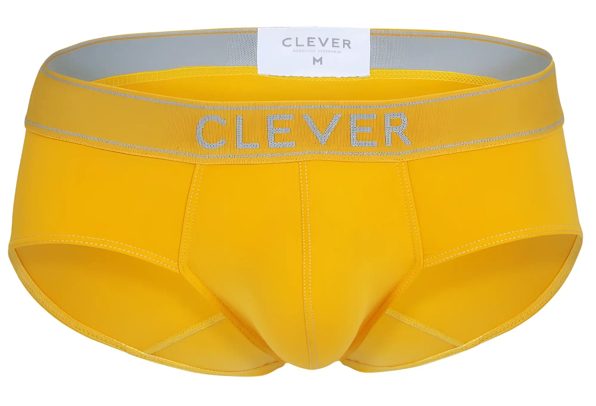Bright yellow men’s Clever 1683 Imagination briefs with gray elastic waistband and matching Clever branding