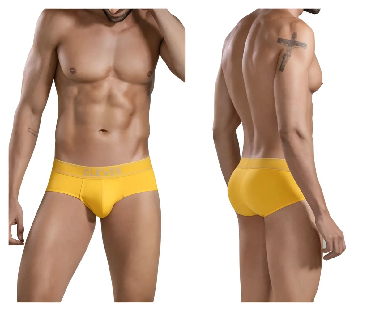 Bright yellow clever 1683 imagination briefs featuring a subtle brand logo on the waistband for men