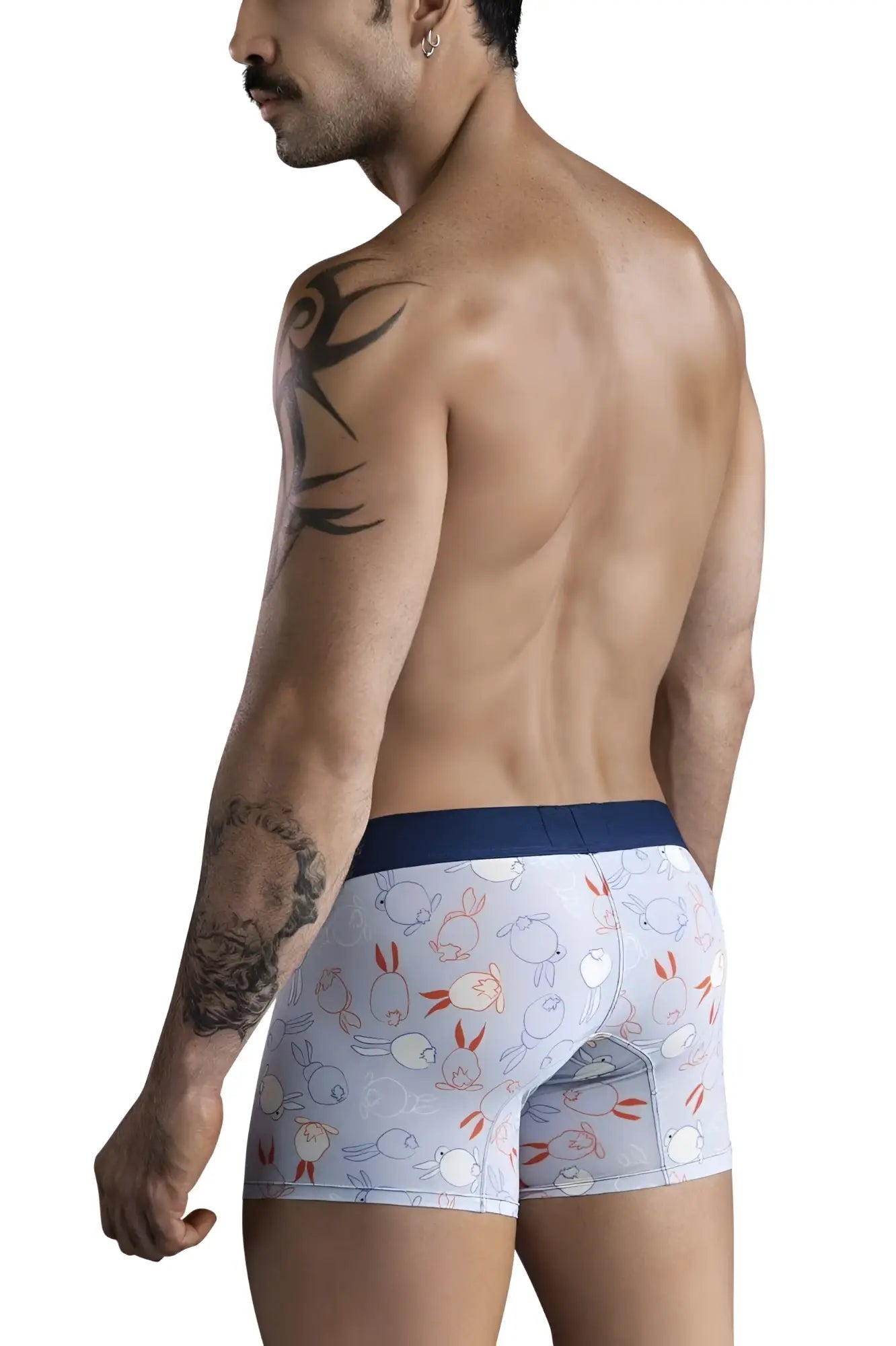 Light blue clever 1723 coney trunks boxer briefs with cartoon rabbits and birds pattern and navy waistband