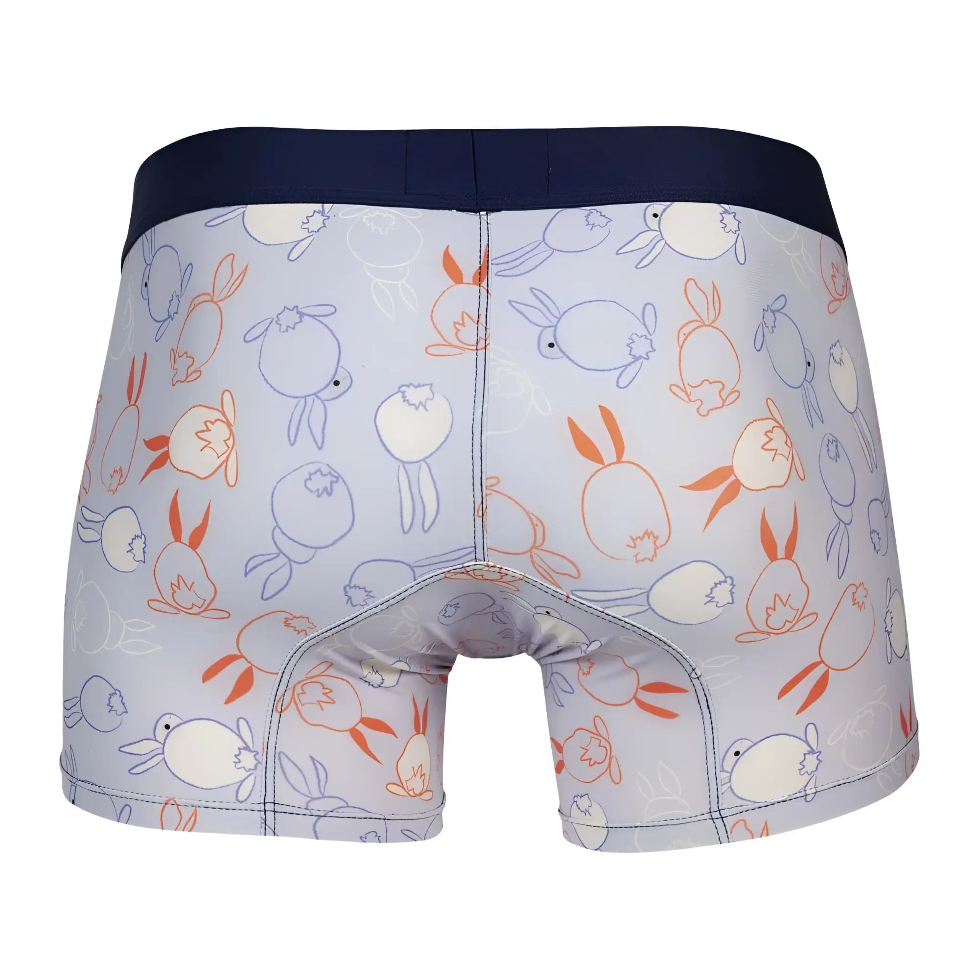 Light gray boxer briefs clever 1723 coney trunks blue with navy waistband and cartoon rabbits pattern in orange and purple