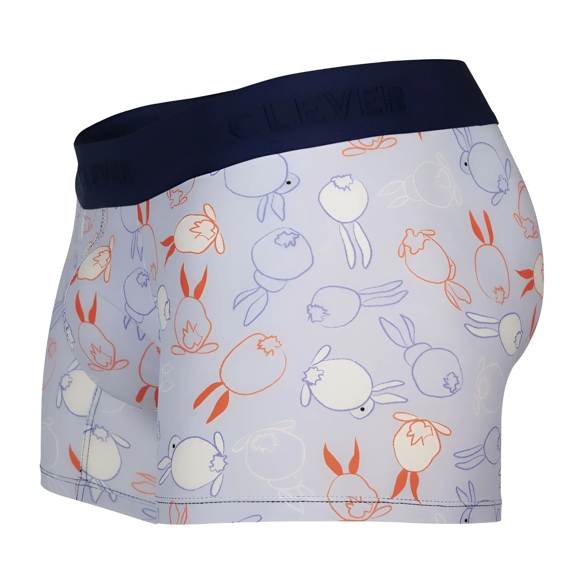 White boxer briefs with playful cartoon rabbits in orange cream light blue outlines and a navy clever waistband