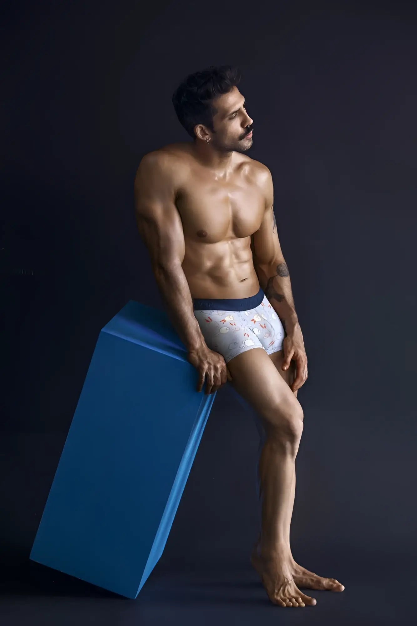 White boxer briefs clever 1723 coney trunks color blue with subtle floral pattern and solid navy blue waistband