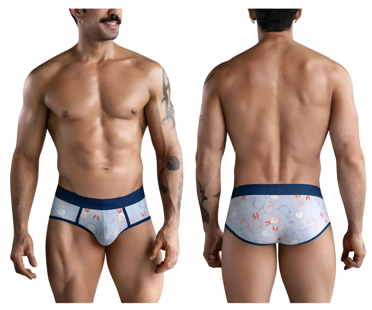 Light blue clever 1724 coney briefs with playful cartoon rabbit pattern and navy blue trim for men