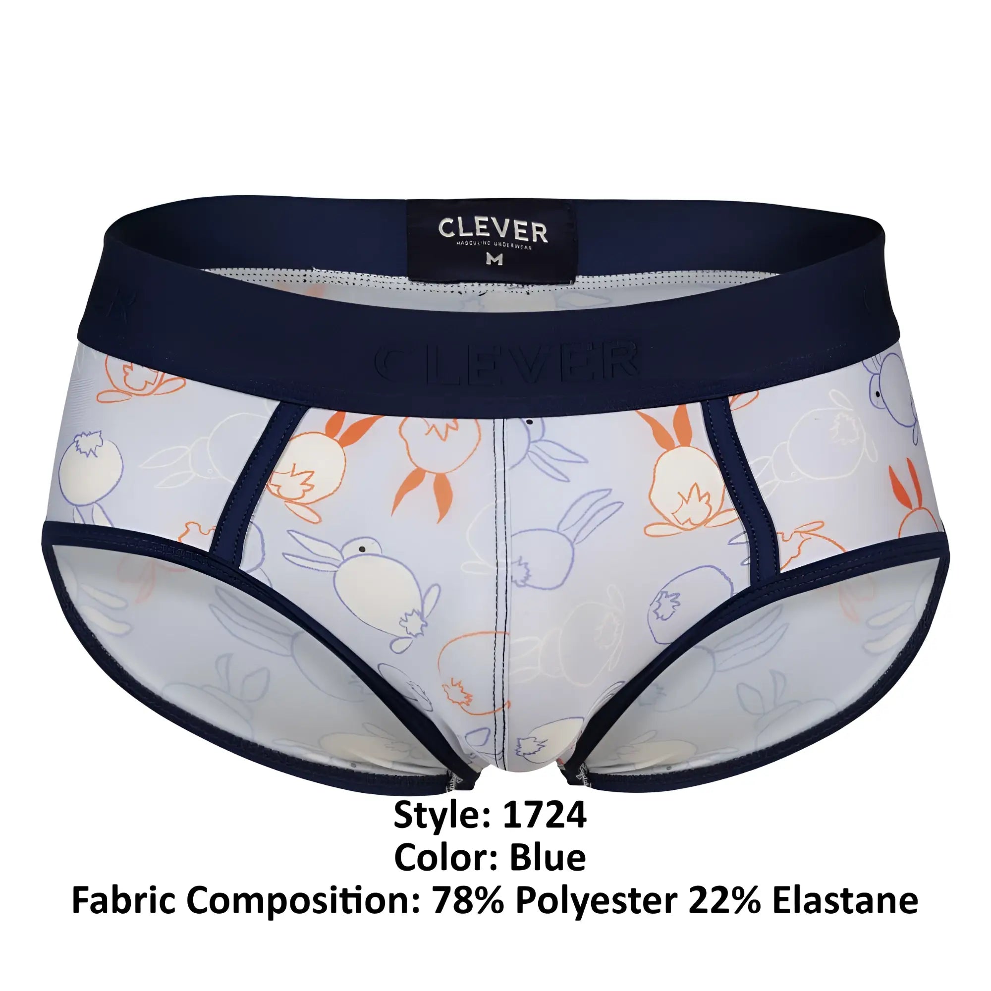 Clever 1724 coney briefs in blue with navy waistband featuring orange and gray cartoon rabbits on light fabric