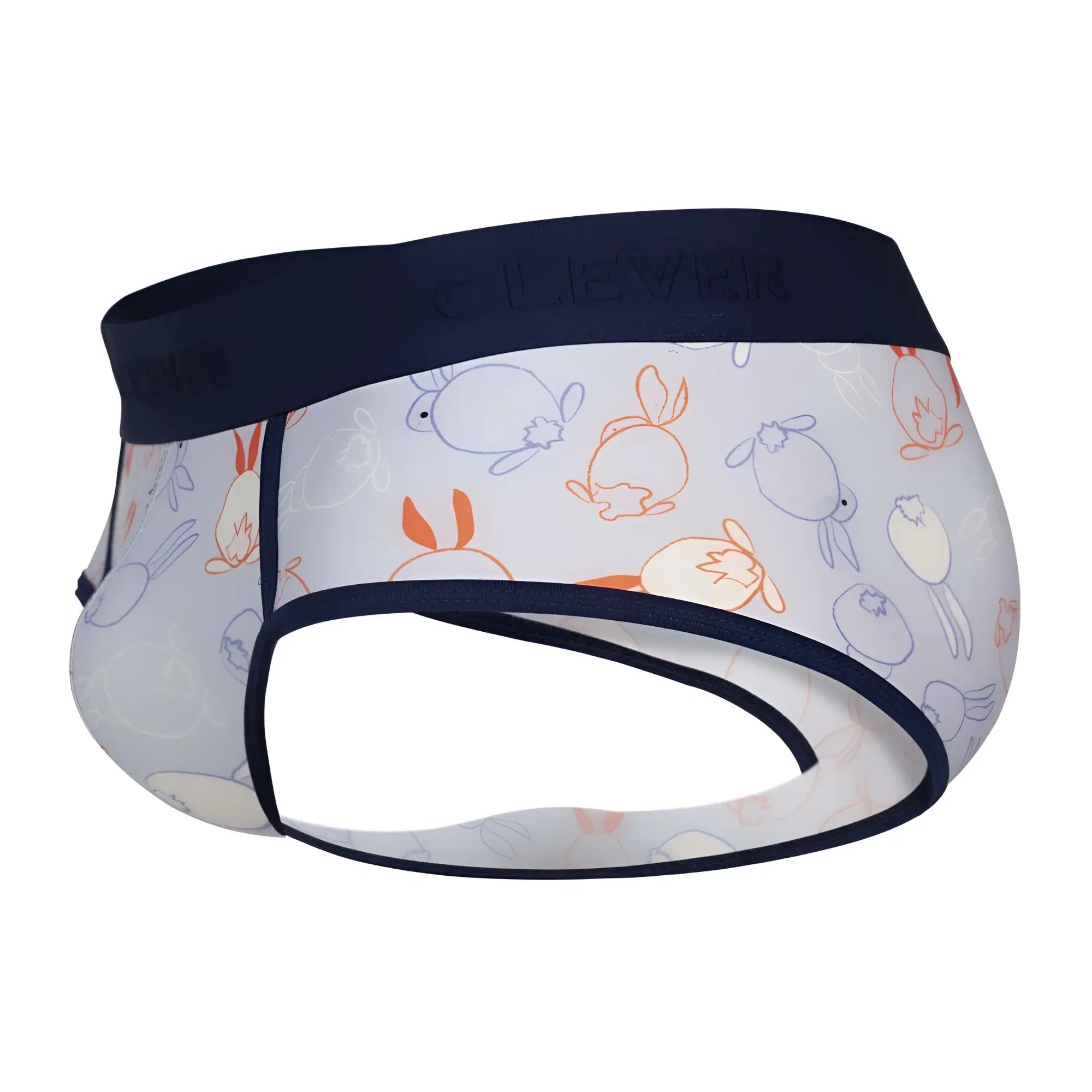 Clever 1724 coney briefs white with playful orange blue and gray rabbit pattern and navy elastic waistband and trim
