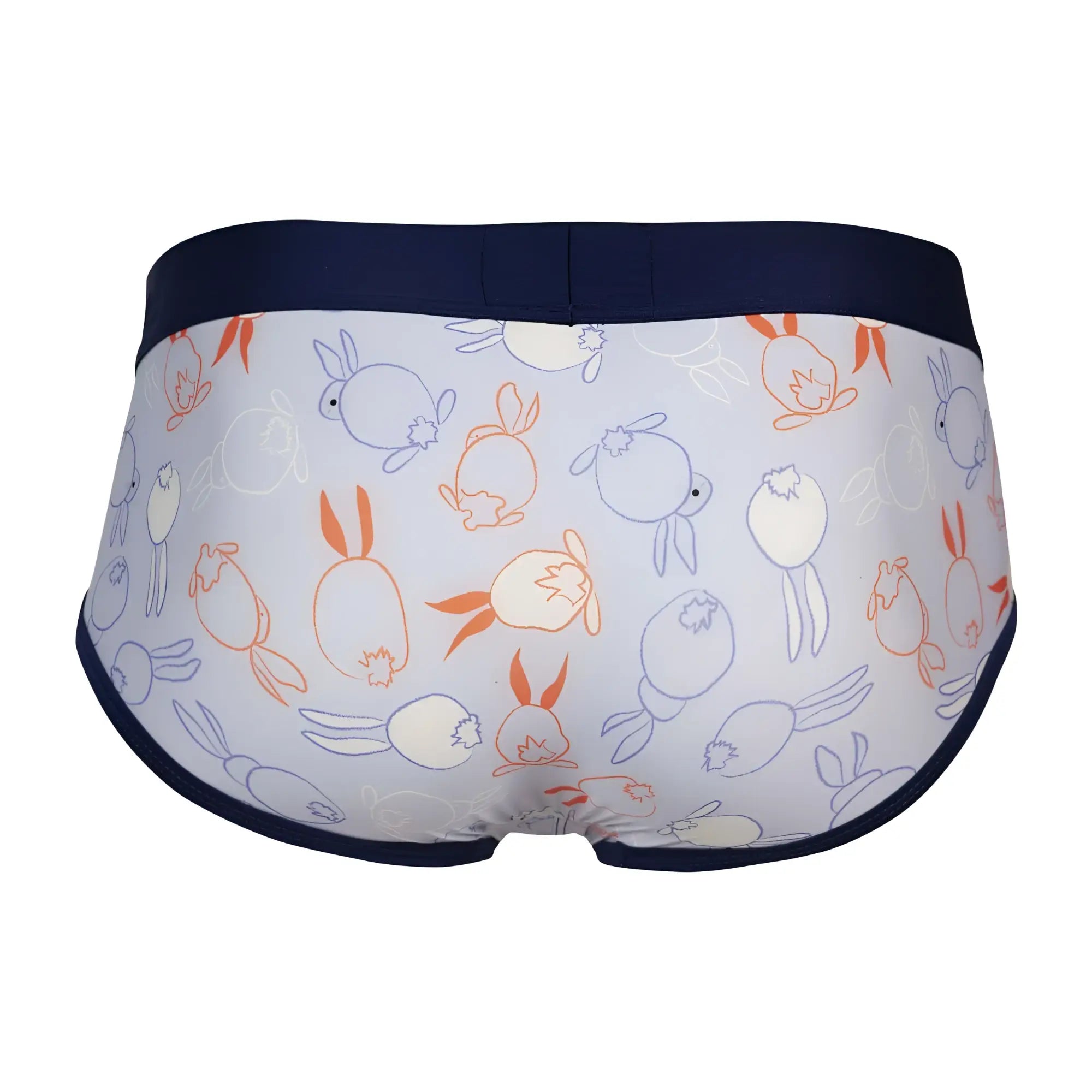 White clever 1724 coney briefs with playful blue and orange rabbit outlines and navy blue trim
