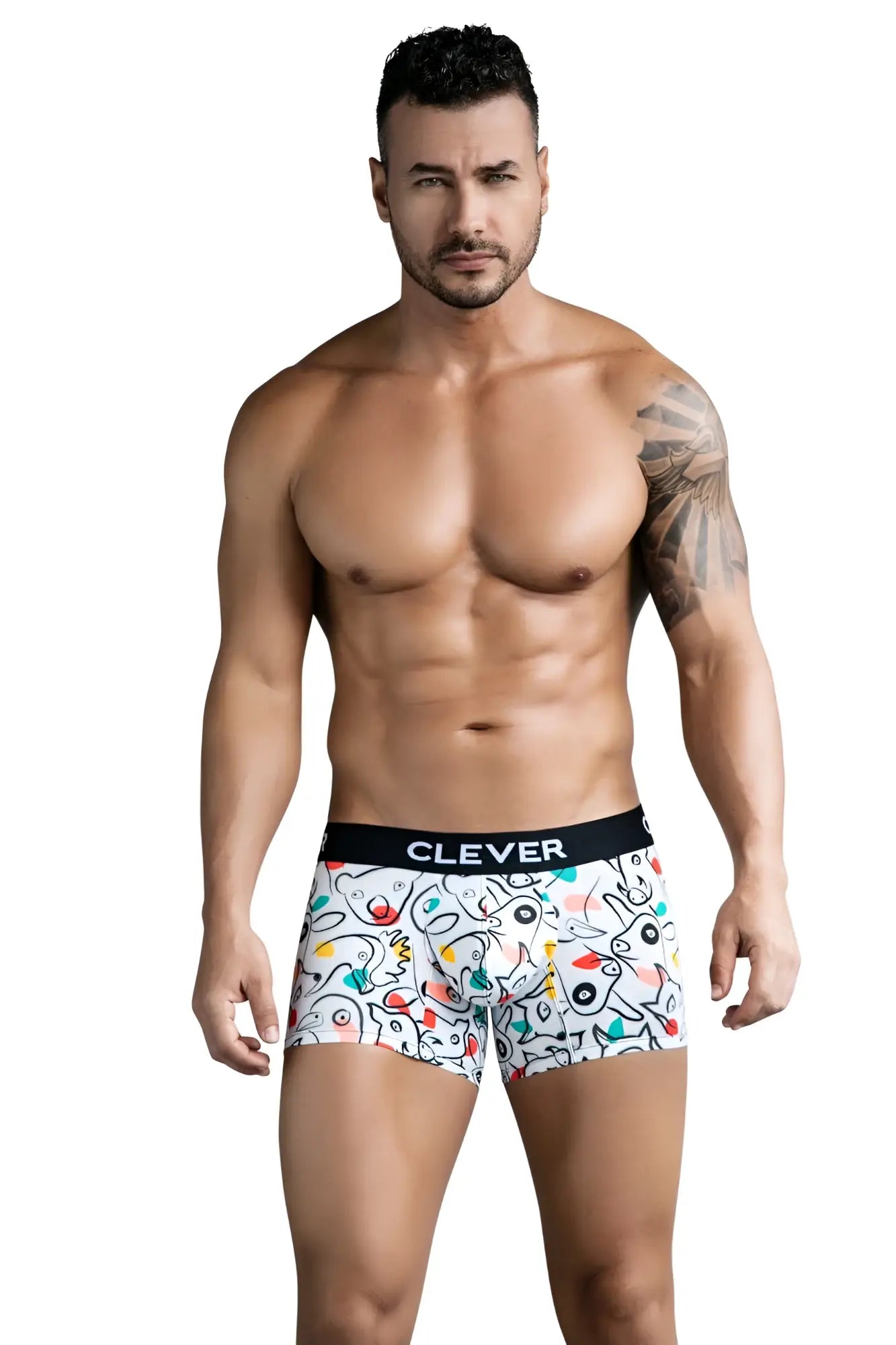 White boxer briefs with colorful abstract cartoon pattern and black waistband branded clever clever 1725 grange trunks