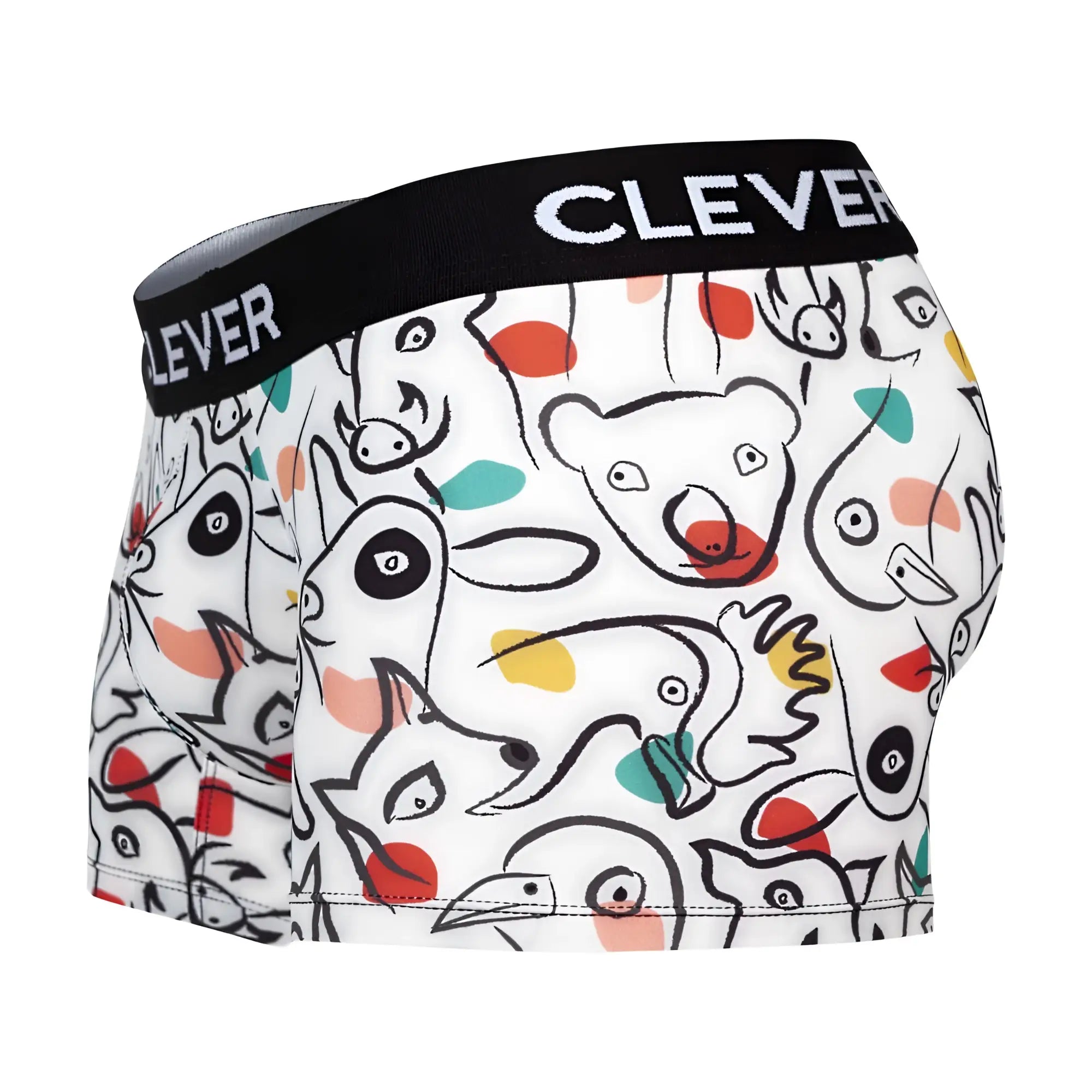 White boxer briefs clever 1725 grange trunks with playful black animal print and colorful dots on black waistband