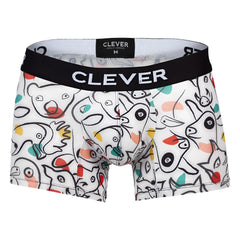 White boxer briefs with playful colorful cartoon animal print and black elastic waistband branded clever 1725 grange trunks