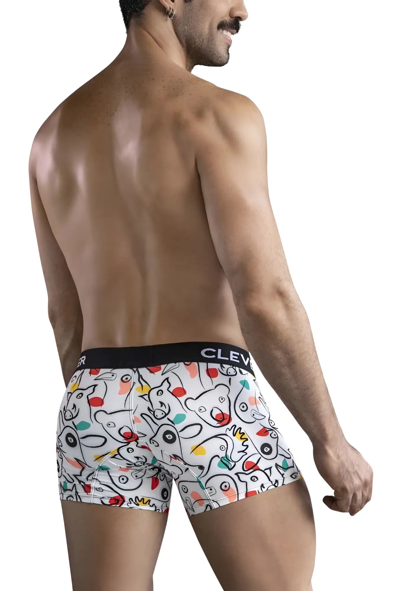 White boxer briefs with colorful cartoon animal print and black clev waistband in clever 1725 grange trunks color white