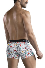 White boxer briefs with colorful cartoon animal print and black clev waistband in clever 1725 grange trunks color white