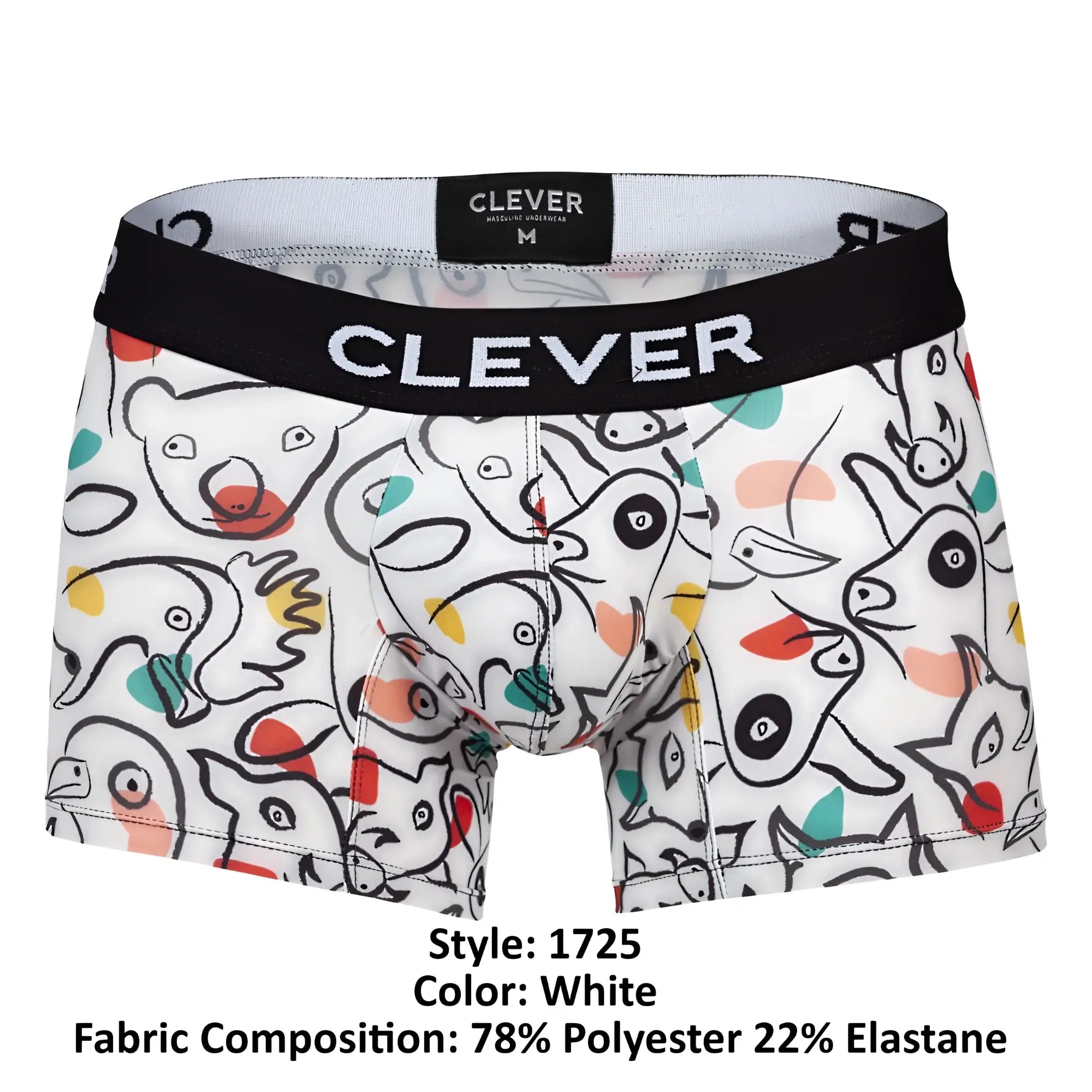 White boxer briefs Clever 1725 Grange trunks with colorful cartoon animal print and black outlines in playful design