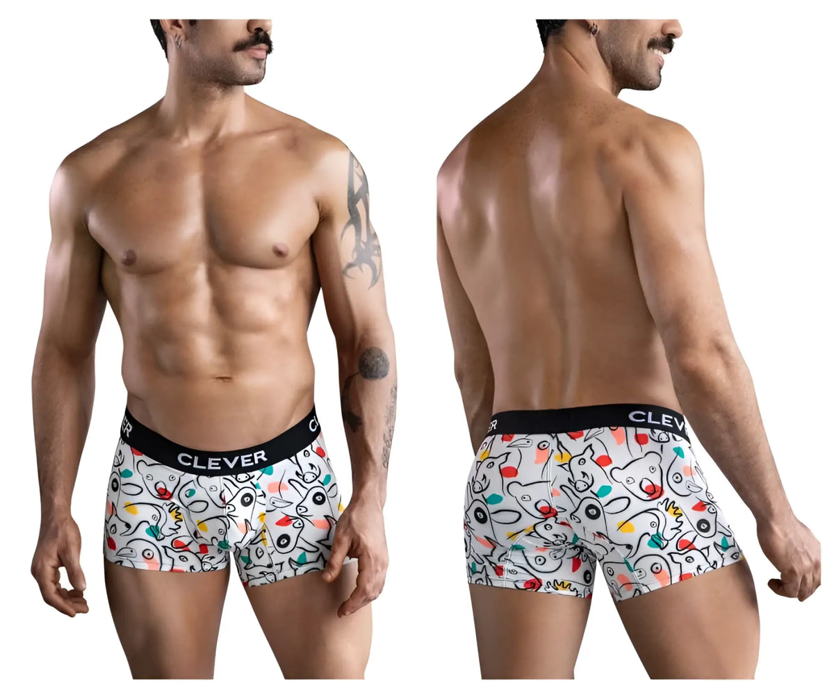White boxer briefs clever 1725 grange trunks with colorful cartoon animal pattern and black waistband for men